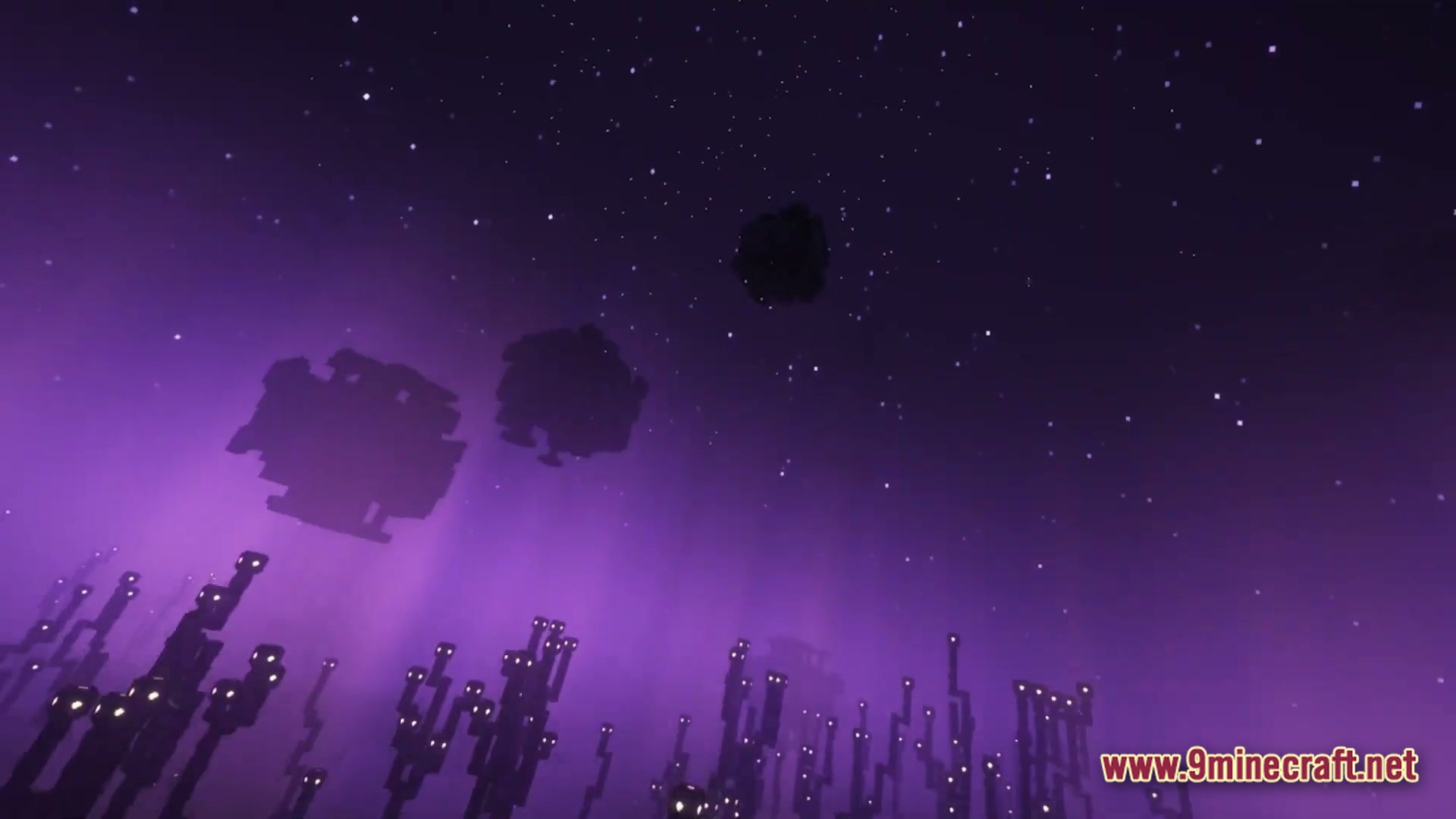 Vivid Kinetic Ether Modpack Screenshot 1 Floating islands and glowing structures under a starry purple sky in a custom Minecraft dimension