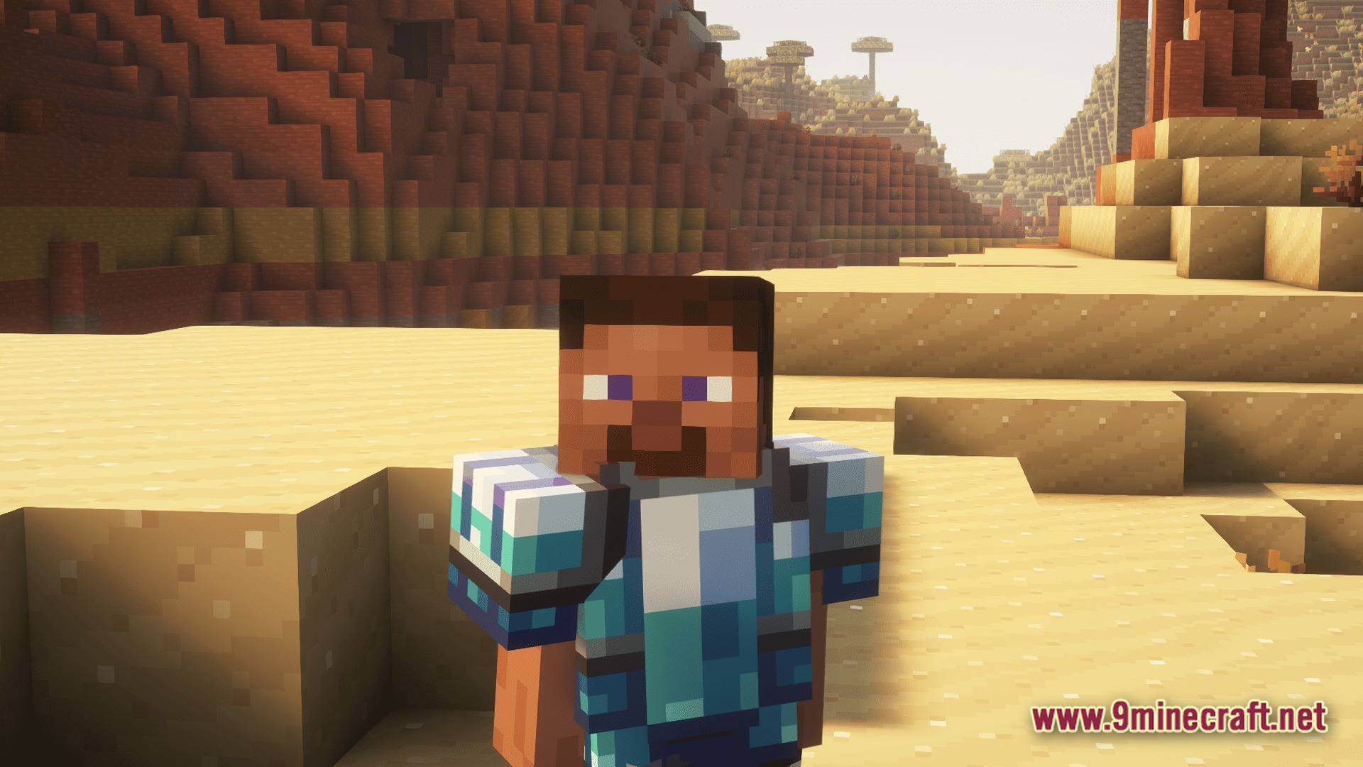 Vivid Kinetic Ether Modpack Screenshot 10 A character wearing blue and white armor stands in a desert biome with mesa mountains behind