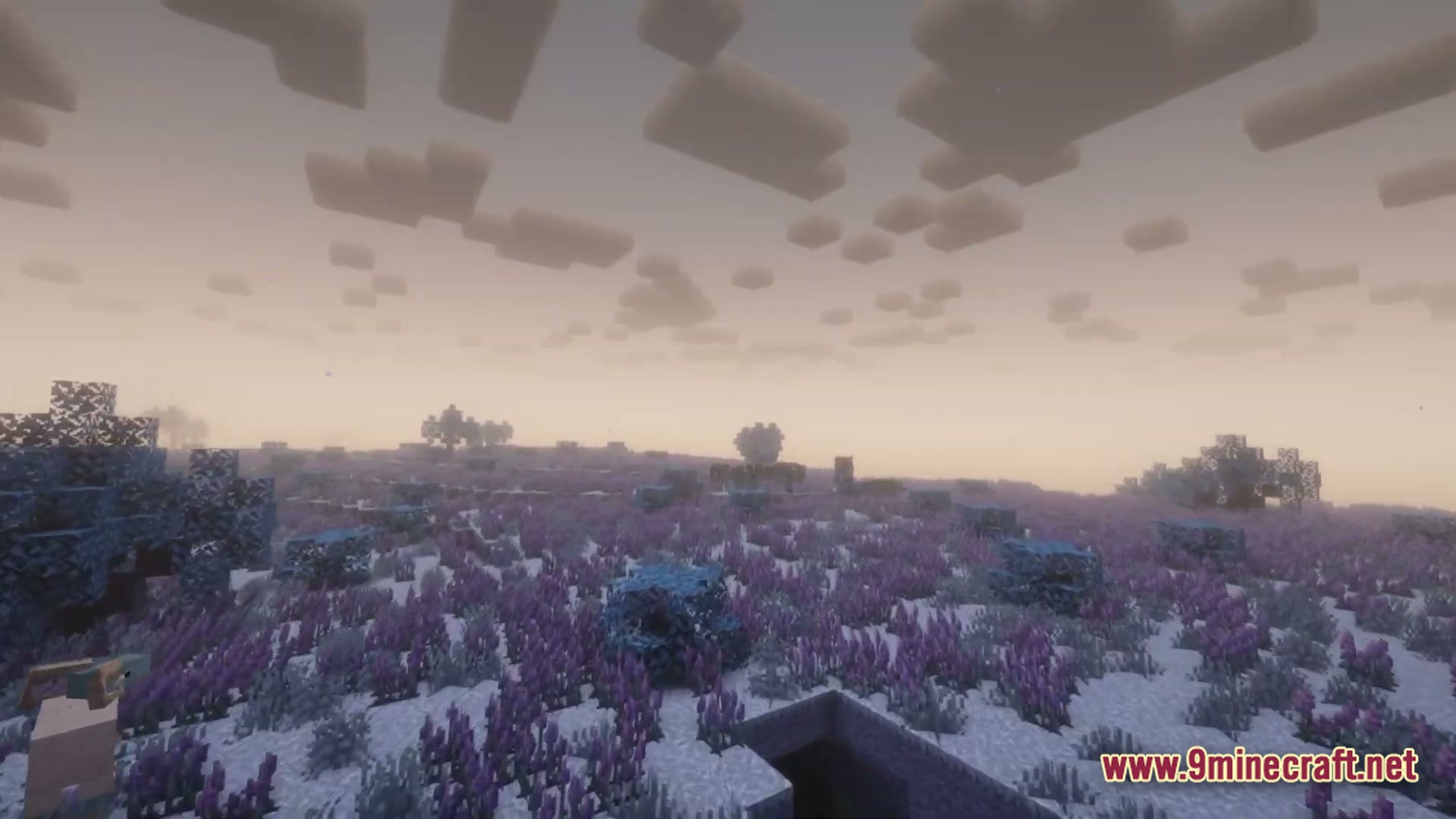 Vivid Kinetic Ether Modpack Screenshot 2 A vast field of purple flowers and blue bushes under a hazy, overcast sky