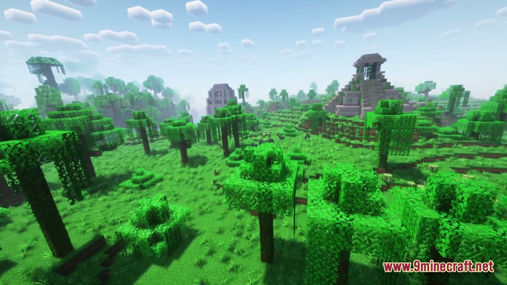 Vivid Kinetic Ether Modpack Screenshot 4 Stone temples and structures stand within a lush jungle biome under a bright, cloudy sky