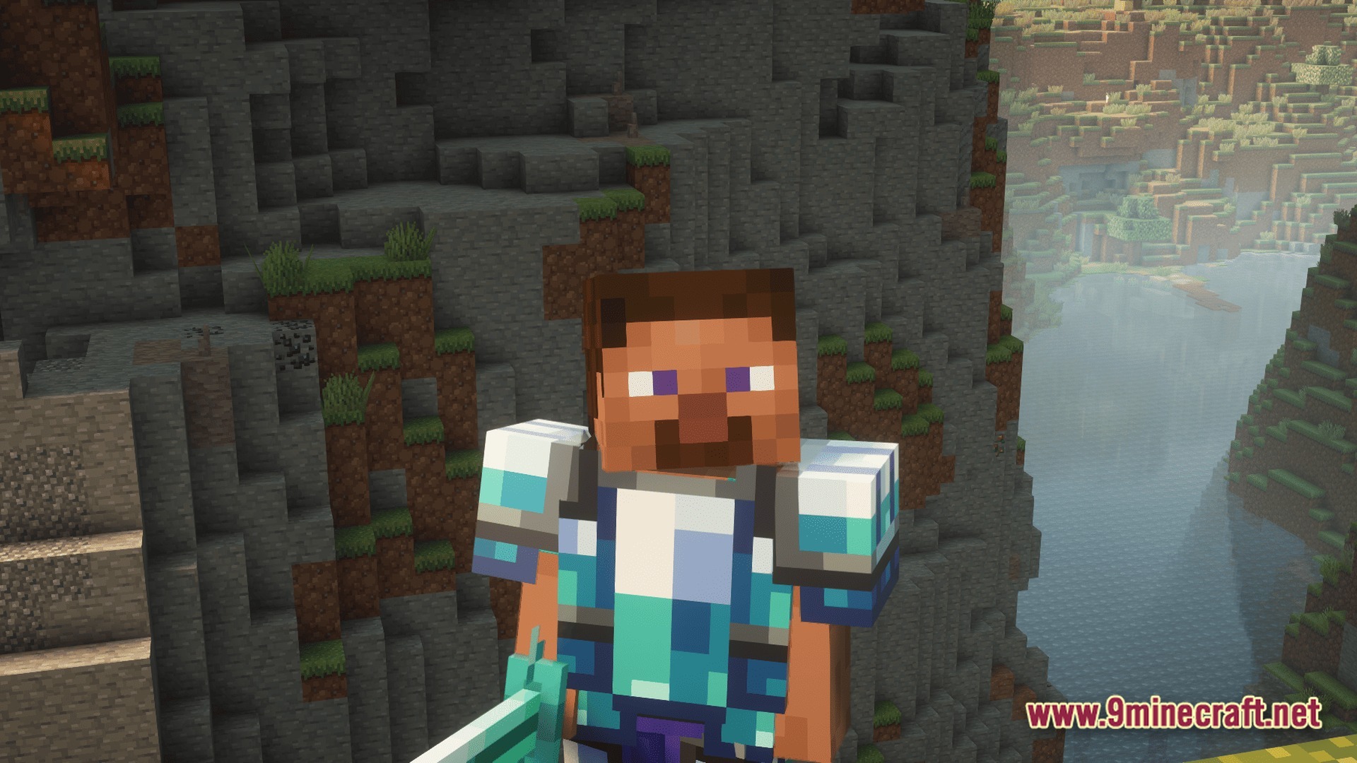 Vivid Kinetic Ether Modpack Screenshot 8 A player character wearing blue patterned armor stands before a steep mountain cliff and a river