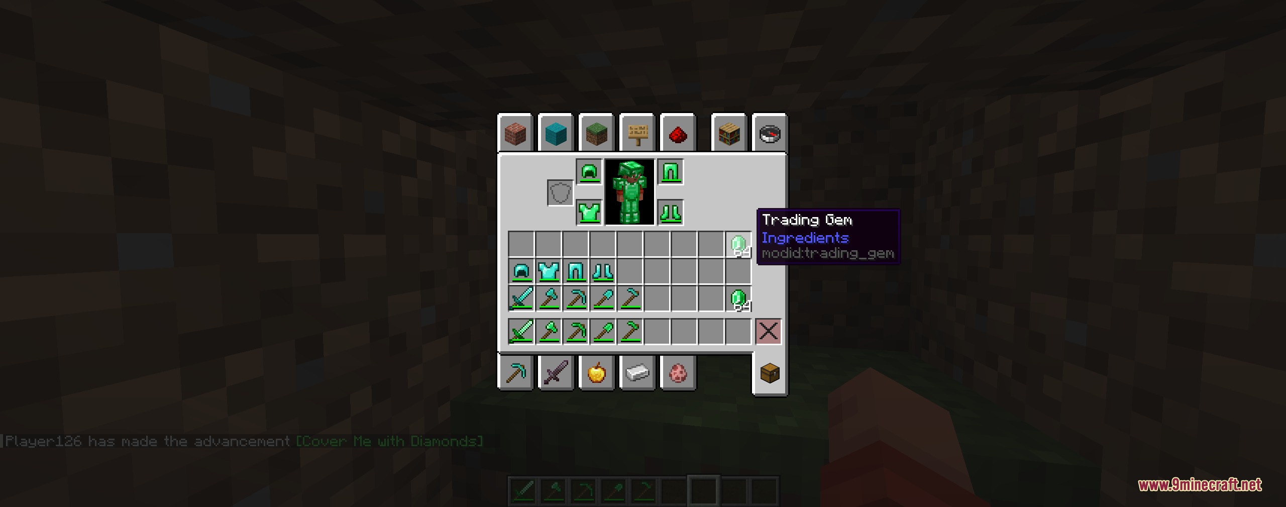 Vivid Verdant Arsenal Mod Screenshot 1 Inventory screen showing emerald armor and tools from Vivid Verdant Arsenal mod