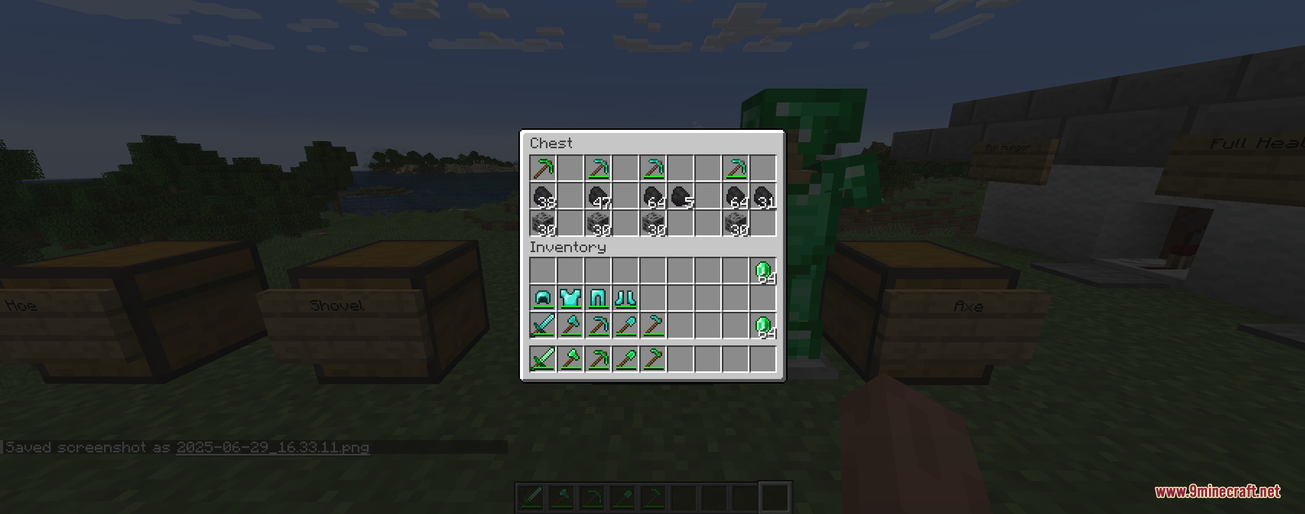 Vivid Verdant Arsenal Mod Screenshot 4 Player inventory and chest containing emerald tools armor and green trading gems
