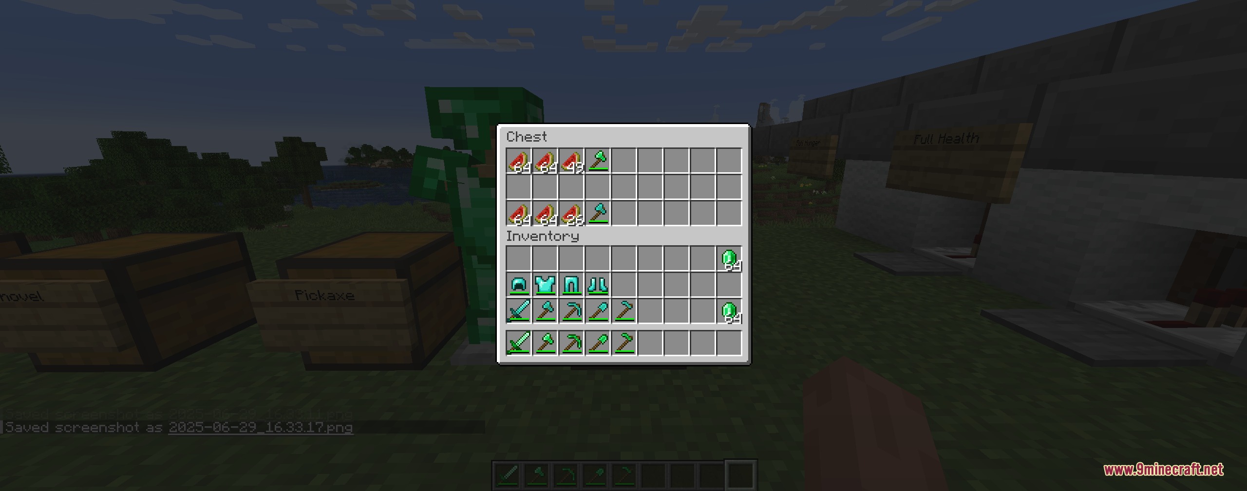 Vivid Verdant Arsenal Mod Screenshot 5 A chest interface showing melon slices and emerald tools in a Minecraft world