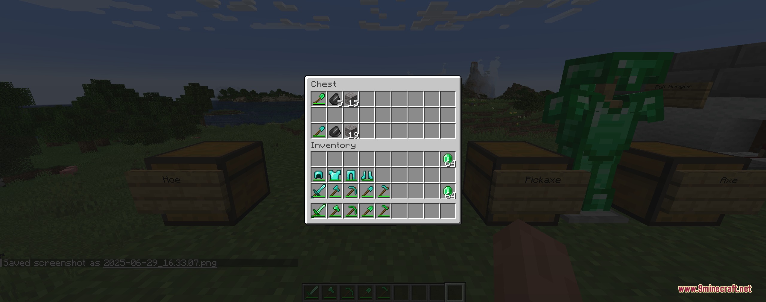 Vivid Verdant Arsenal Mod Screenshot 6 A chest menu displaying emerald tools and iron ingots near an armor stand