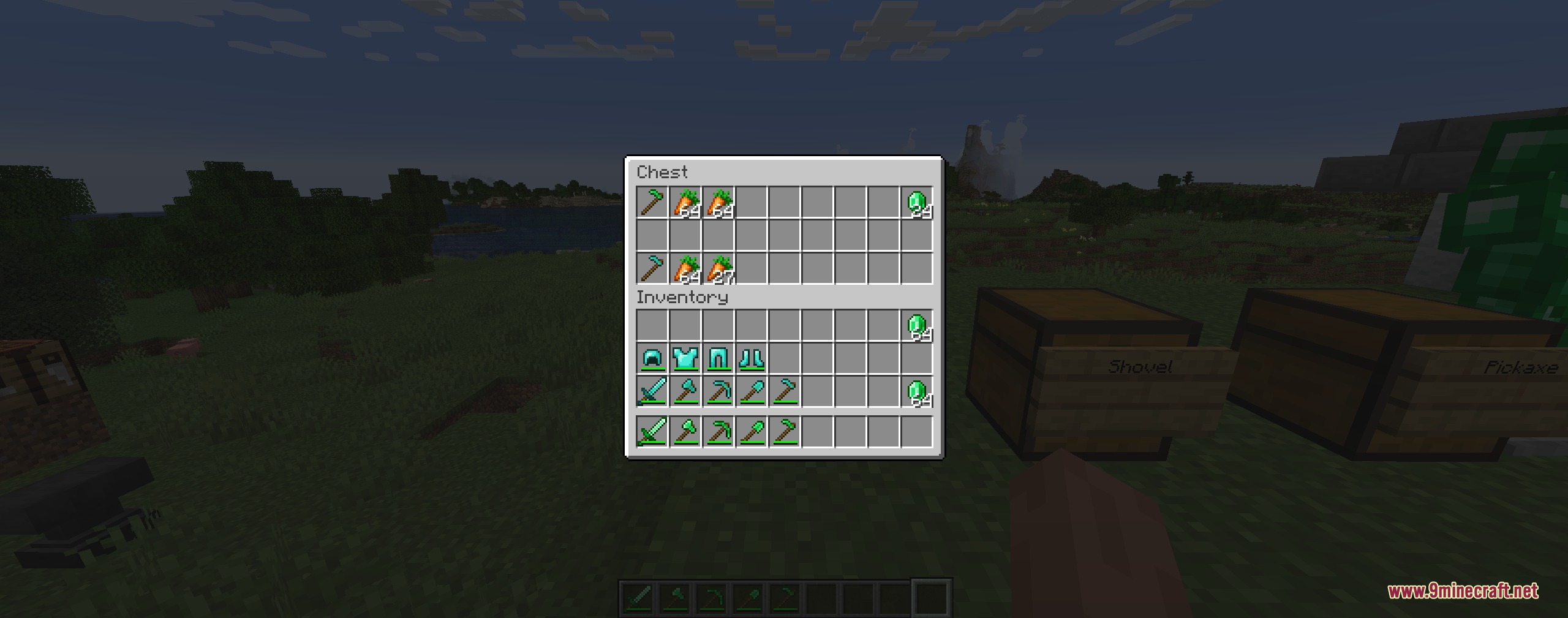 Vivid Verdant Arsenal Mod Screenshot 7 Chest interface showing emerald tools and armor from the Vivid Verdant Arsenal mod