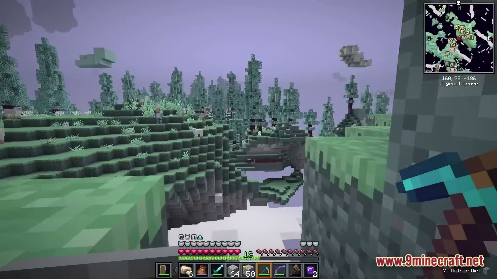 Vividia Horizon Modpack Screenshot 5 A player holds a diamond pickaxe while overlooking a Skyroot Grove floating island in the Aether