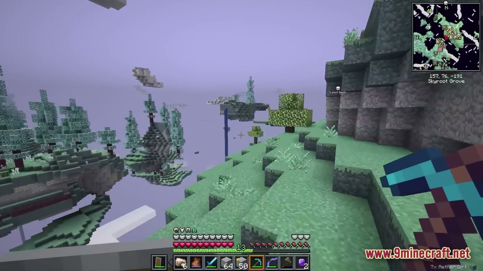 Vividia Horizon Modpack Screenshot 6 Floating islands and teal-colored trees within the Aether dimension, viewed from a grassy cliffside