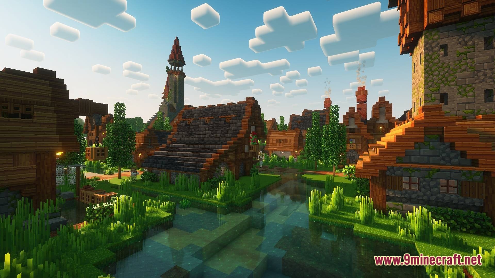 Vividia Horizon Modpack Screenshot 7 A medieval village with stone and wood houses situated along a river under a bright sky