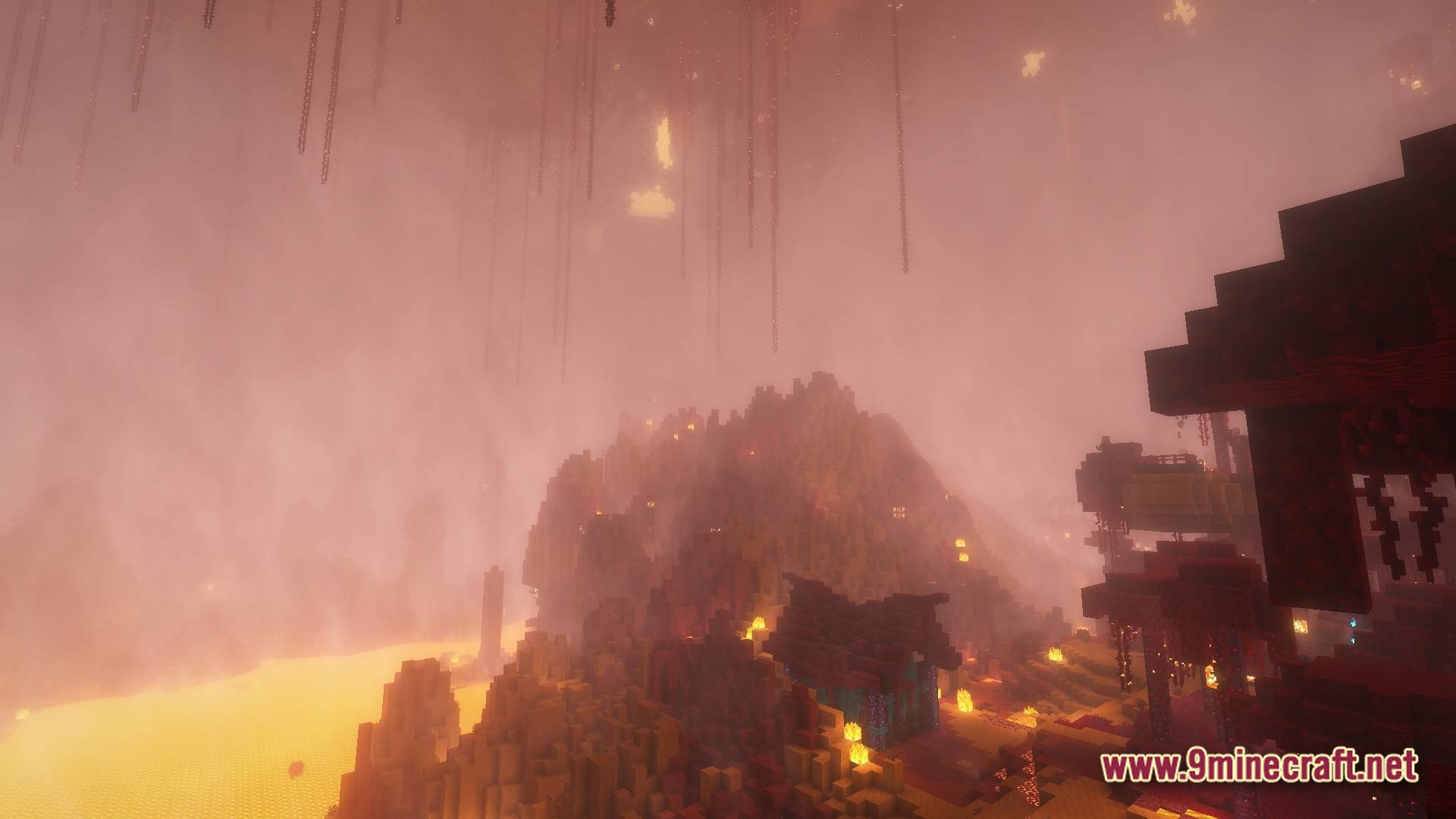 Vividia Horizon Modpack Screenshot 9 A foggy Nether landscape featuring crimson structures, lava pools, and hanging vines under a hazy atmosphere