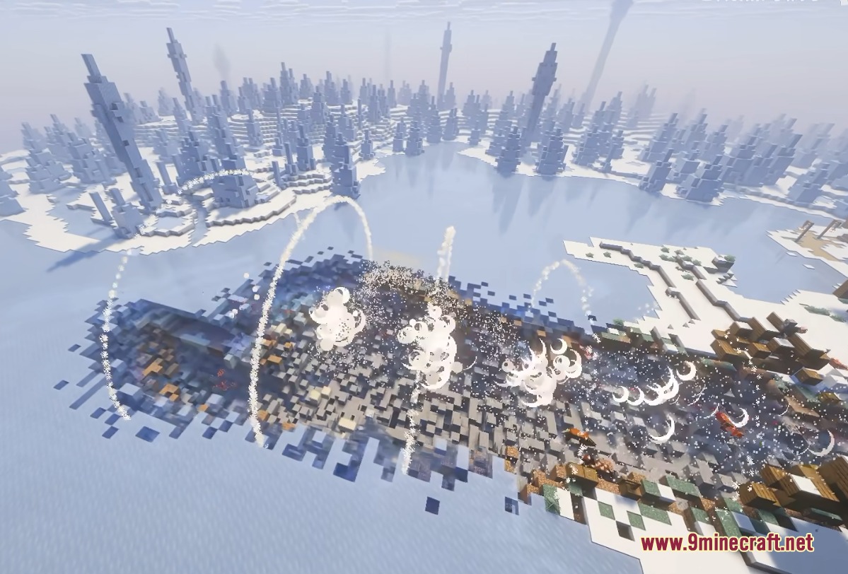 Multiple sonic blasts from the creature destroy blocks in a snowy biome