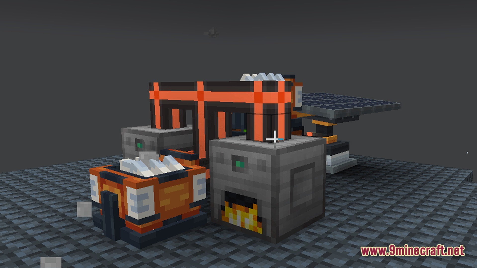 Voidlock Genesis Overdrive Modpack Screenshot 10 Industrial machines connected by orange power cables including a solar panel and a furnace in a void