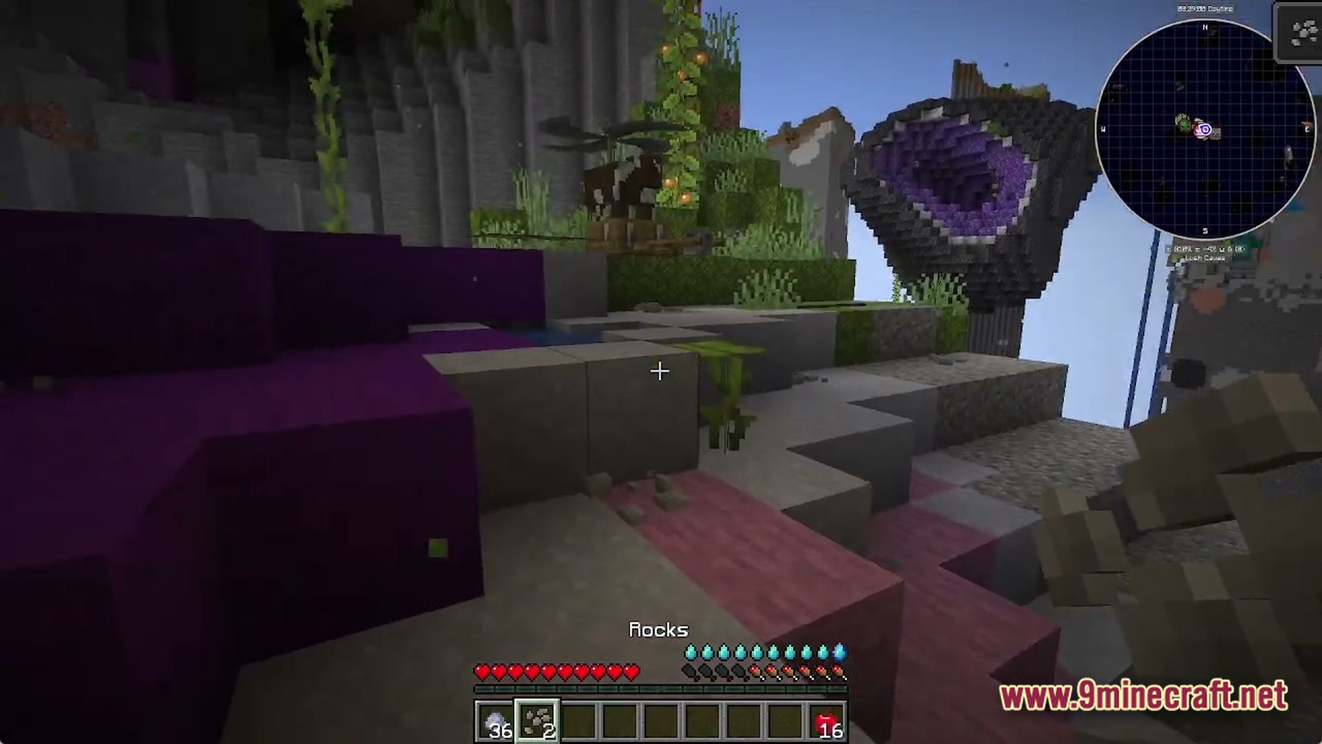 Voidlock Genesis Overdrive Modpack Screenshot 3 A player explores a floating island landscape featuring a large amethyst geode and custom machinery