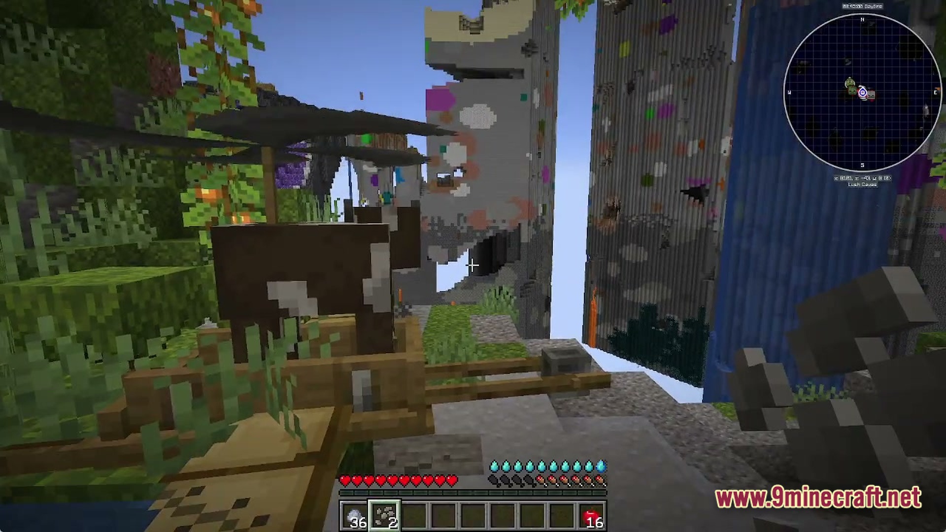 Voidlock Genesis Overdrive Modpack Screenshot 5 A cow stands in a wooden cart overlooking a fragmented world with floating vertical structures