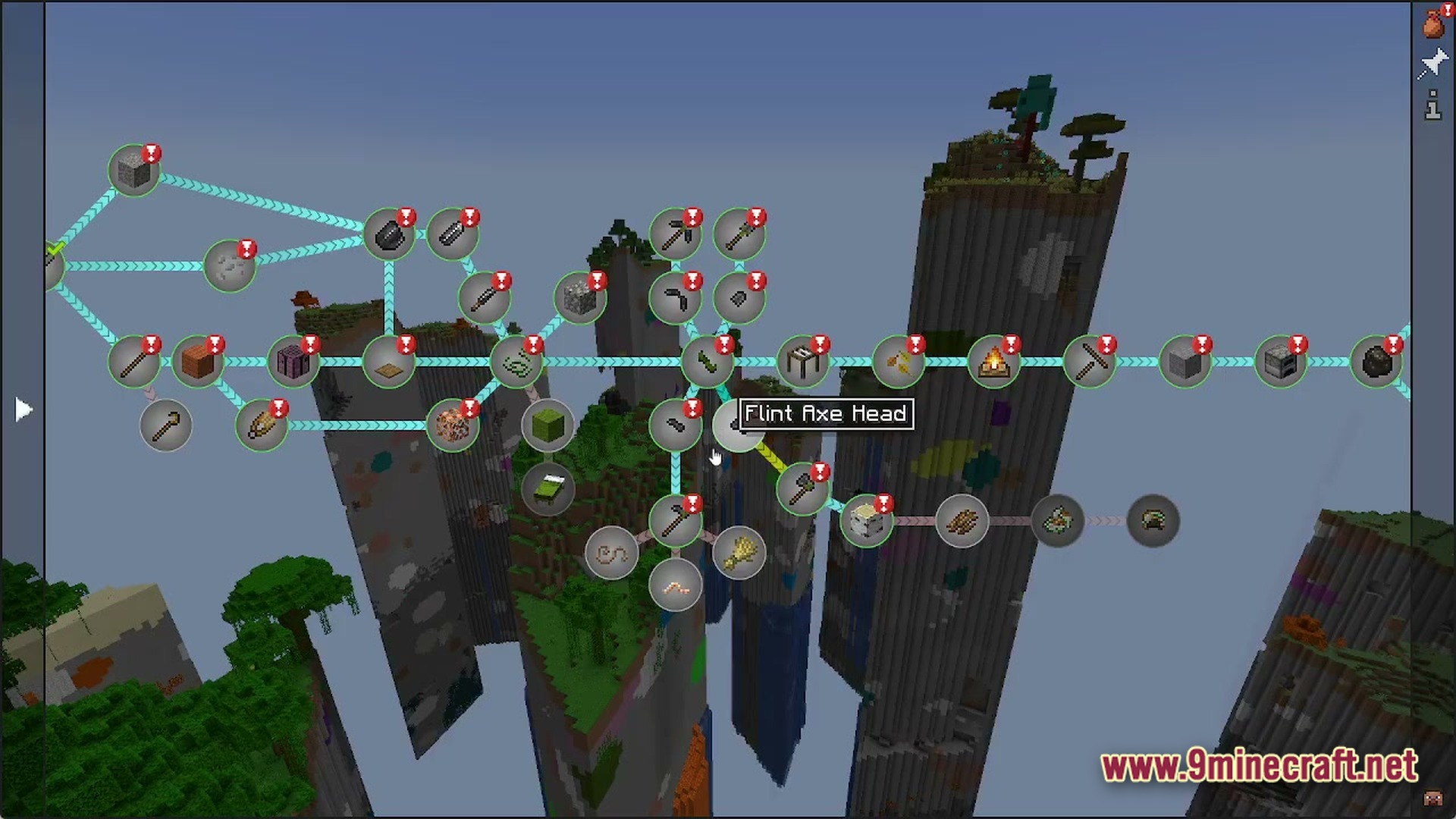 Voidlock Genesis Overdrive Modpack Screenshot 6 A complex quest progression tree overlaying a world of tall, narrow floating island pillars