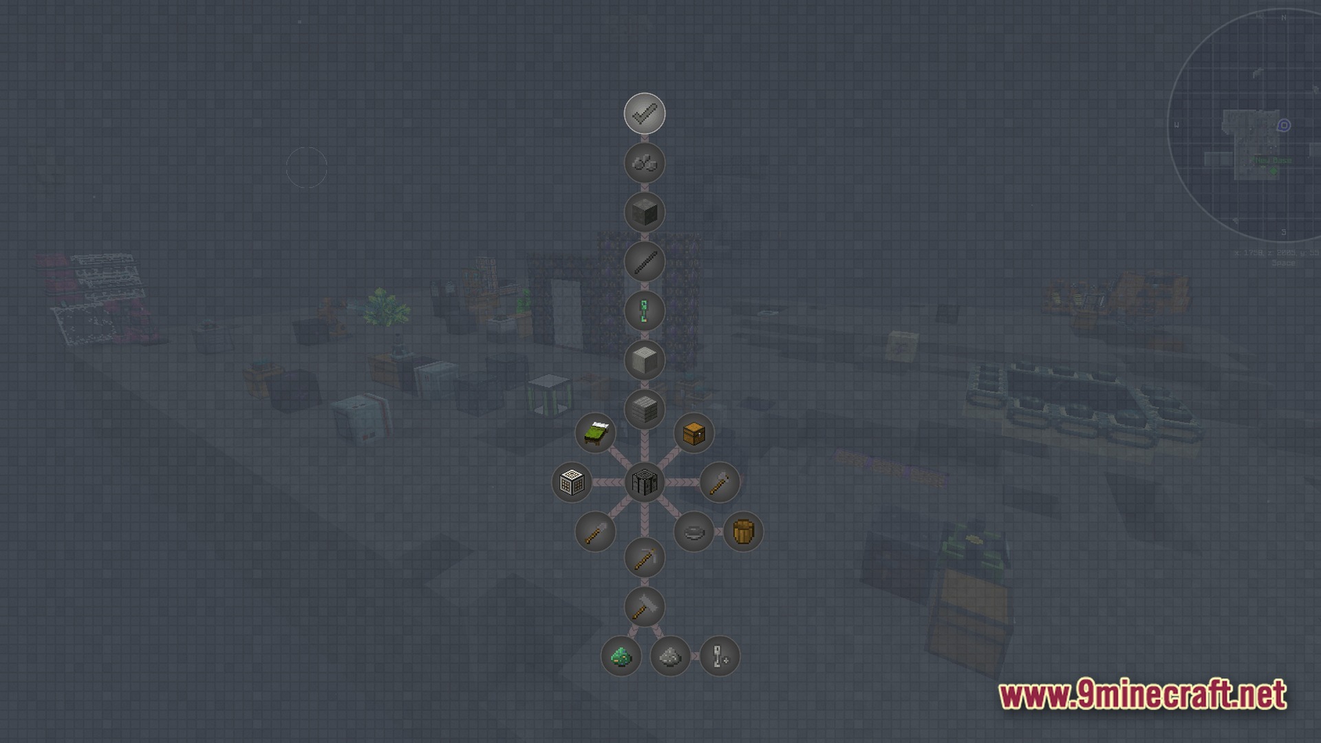 Voidlock Genesis Overdrive Modpack Screenshot 8 A vertical quest progression tree overlaying a dark, foggy void world with various modded machines