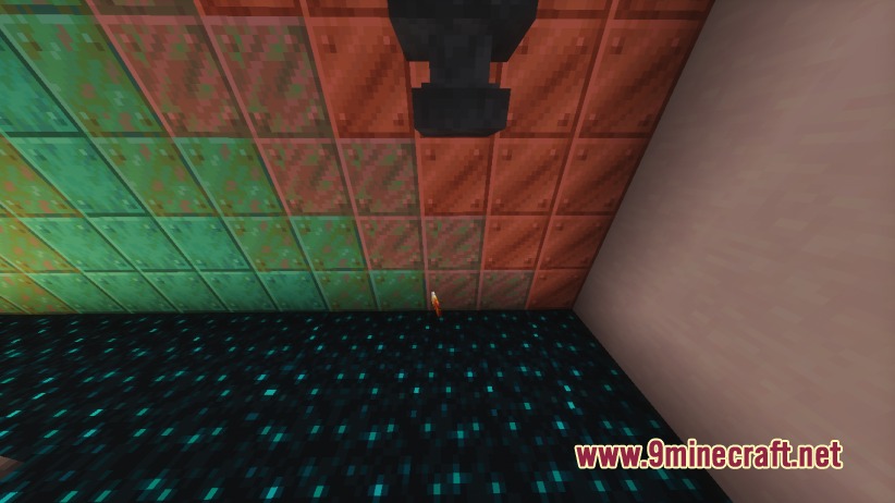A hopper hangs above a sculk floor near various copper blocks