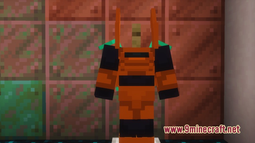 Orange and black Envixia Plated Armor displayed on an armor stand