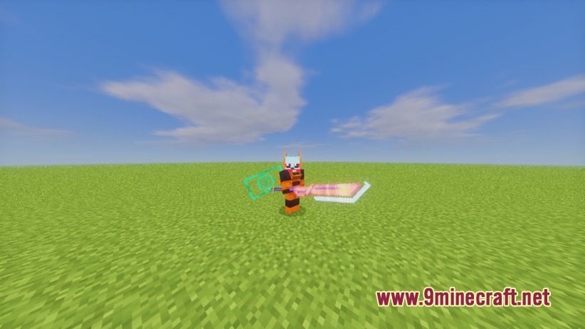 A player wearing Envixia Plated Armor holds a glowing pink Rinvenium Spear