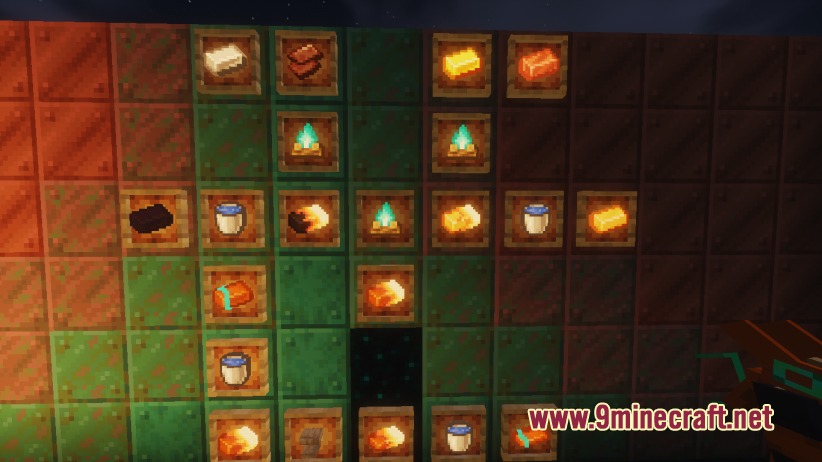 Grid of item frames displaying various metal ingots and crafting materials