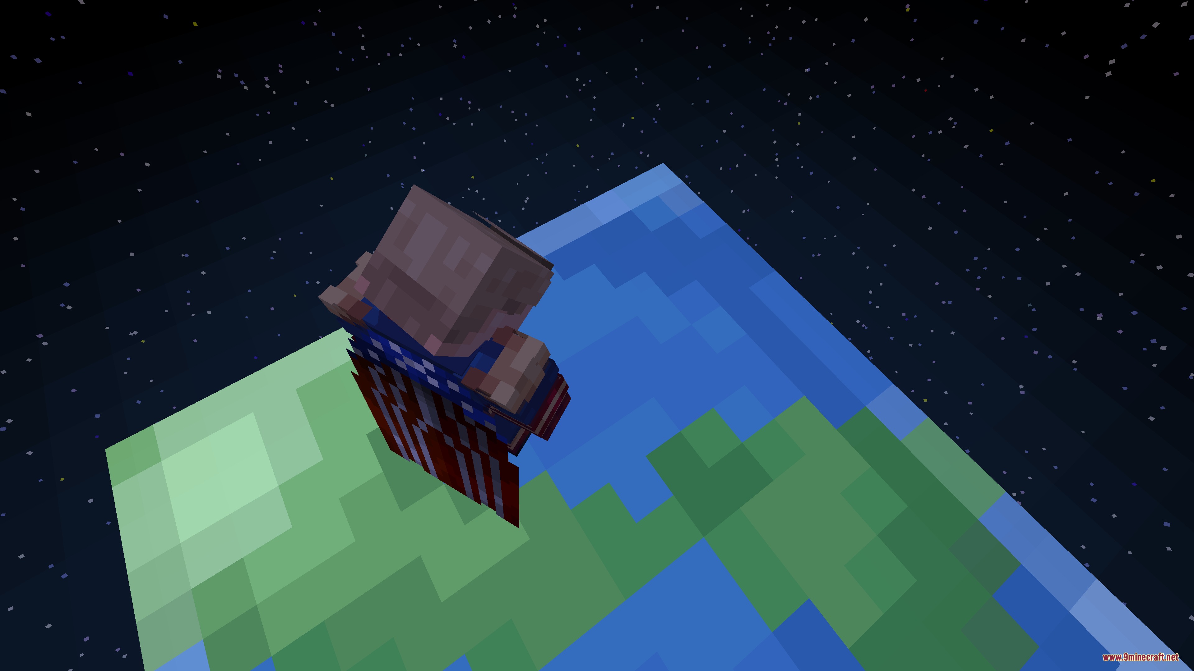 Vought Reborn Mod Screenshot 1 A Minecraft character wearing a superhero cape flies high above the Earth