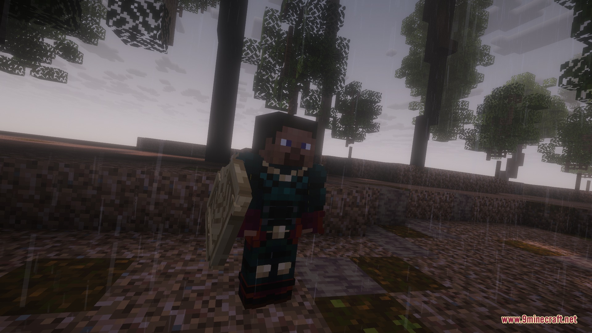 Vought Reborn Mod Screenshot 2 A Minecraft character in a superhero suit holding a shield in the rain