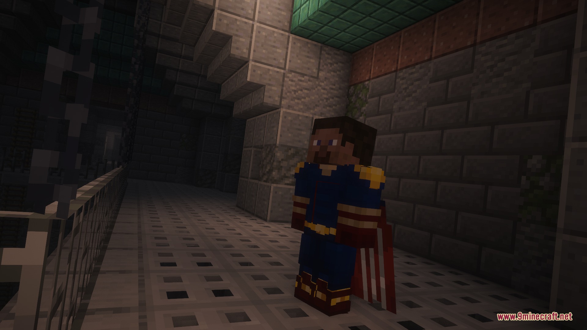 Vought Reborn Mod Screenshot 3 A Minecraft player wearing a Homelander superhero suit stands in a dark hallway
