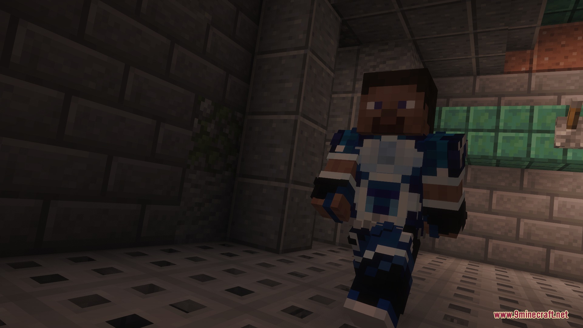 Vought Reborn Mod Screenshot 4 A Minecraft player wearing an A Train superhero suit walks through a corridor