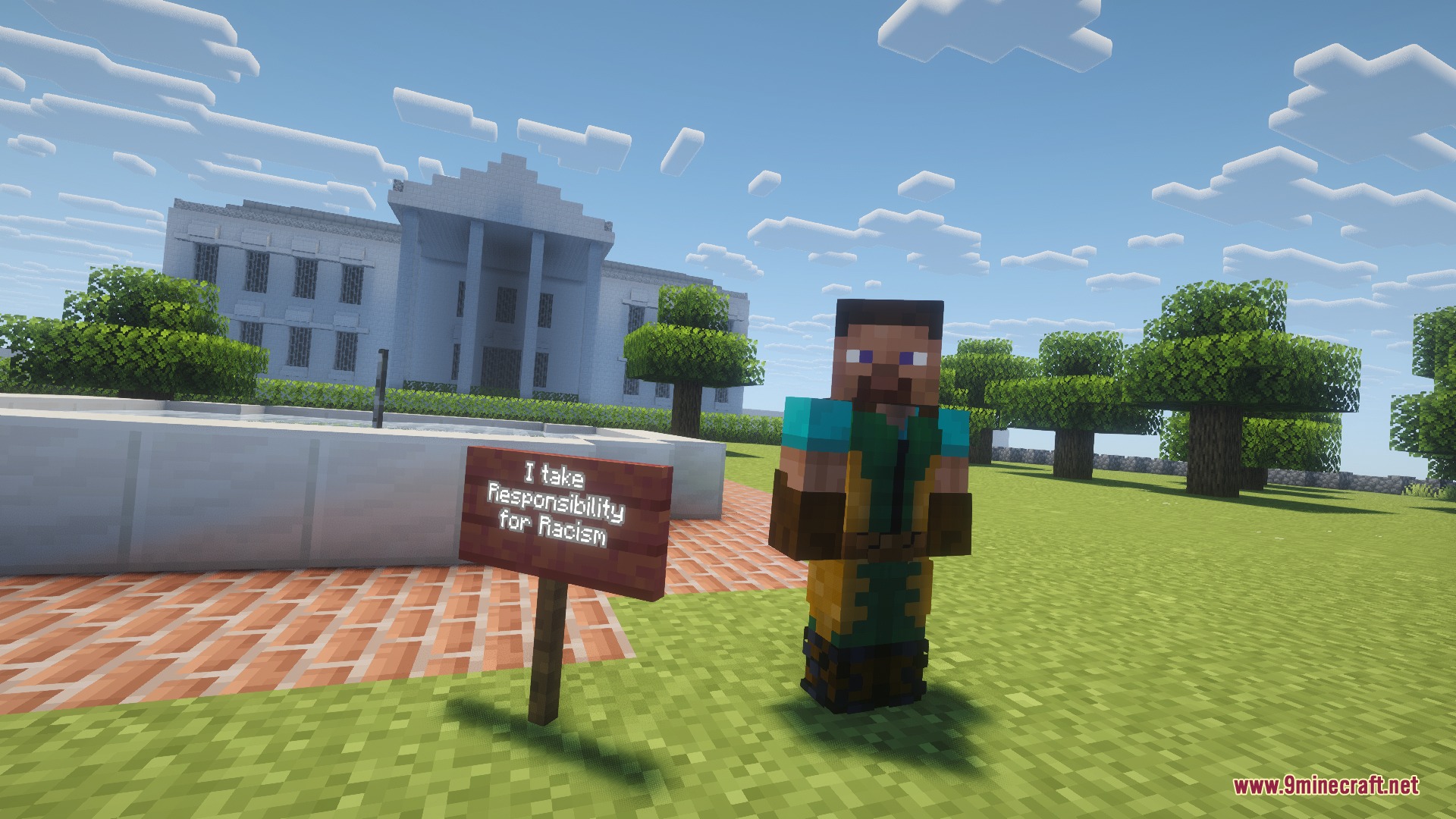 Vought Reborn Mod Screenshot 5 Minecraft character in superhero suit standing next to a sign near the White House
