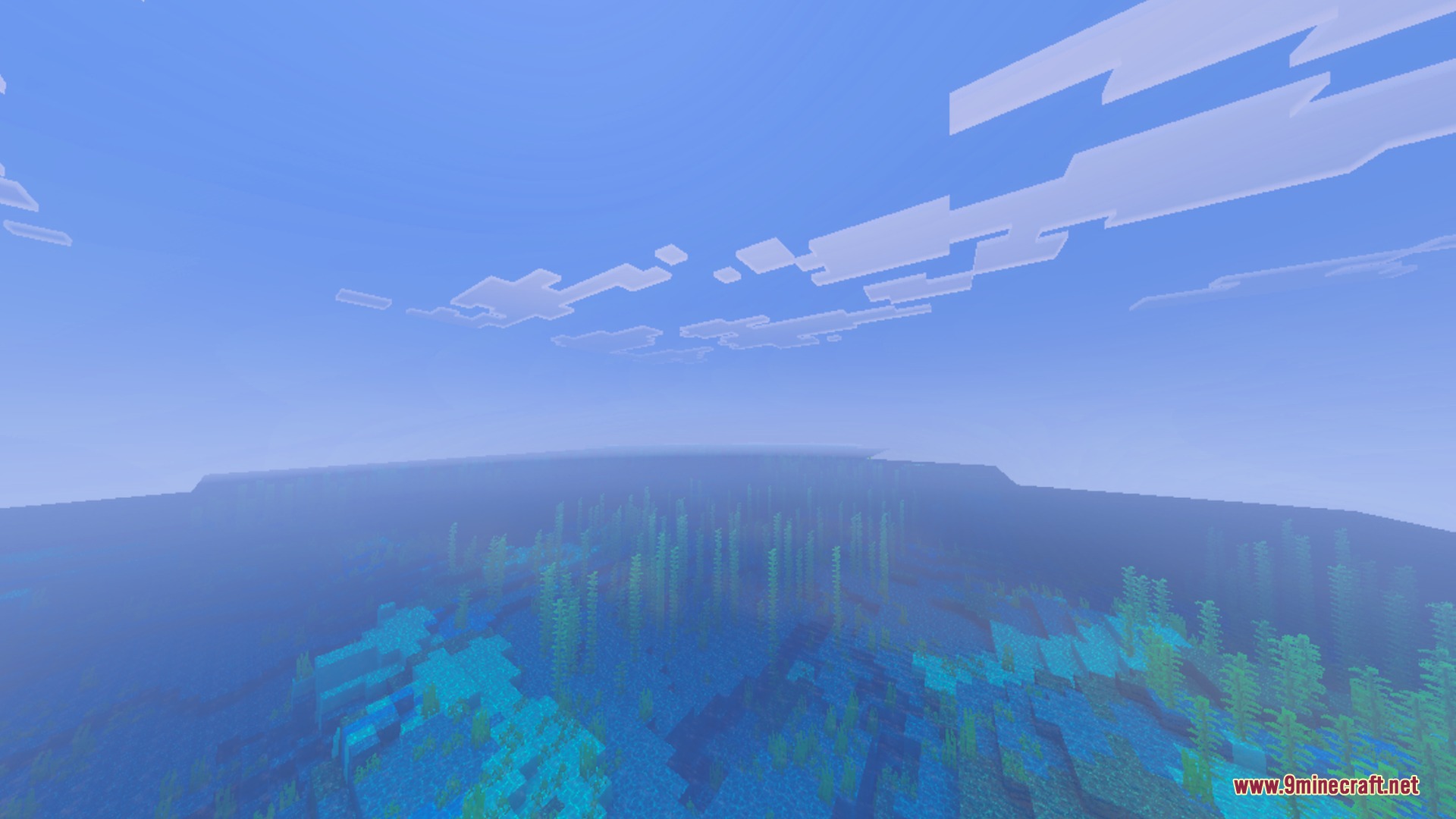 Voxen's Glowing Armor Trims Shader Screenshot 1 A wide underwater view of the ocean floor filled with kelp and seagrass