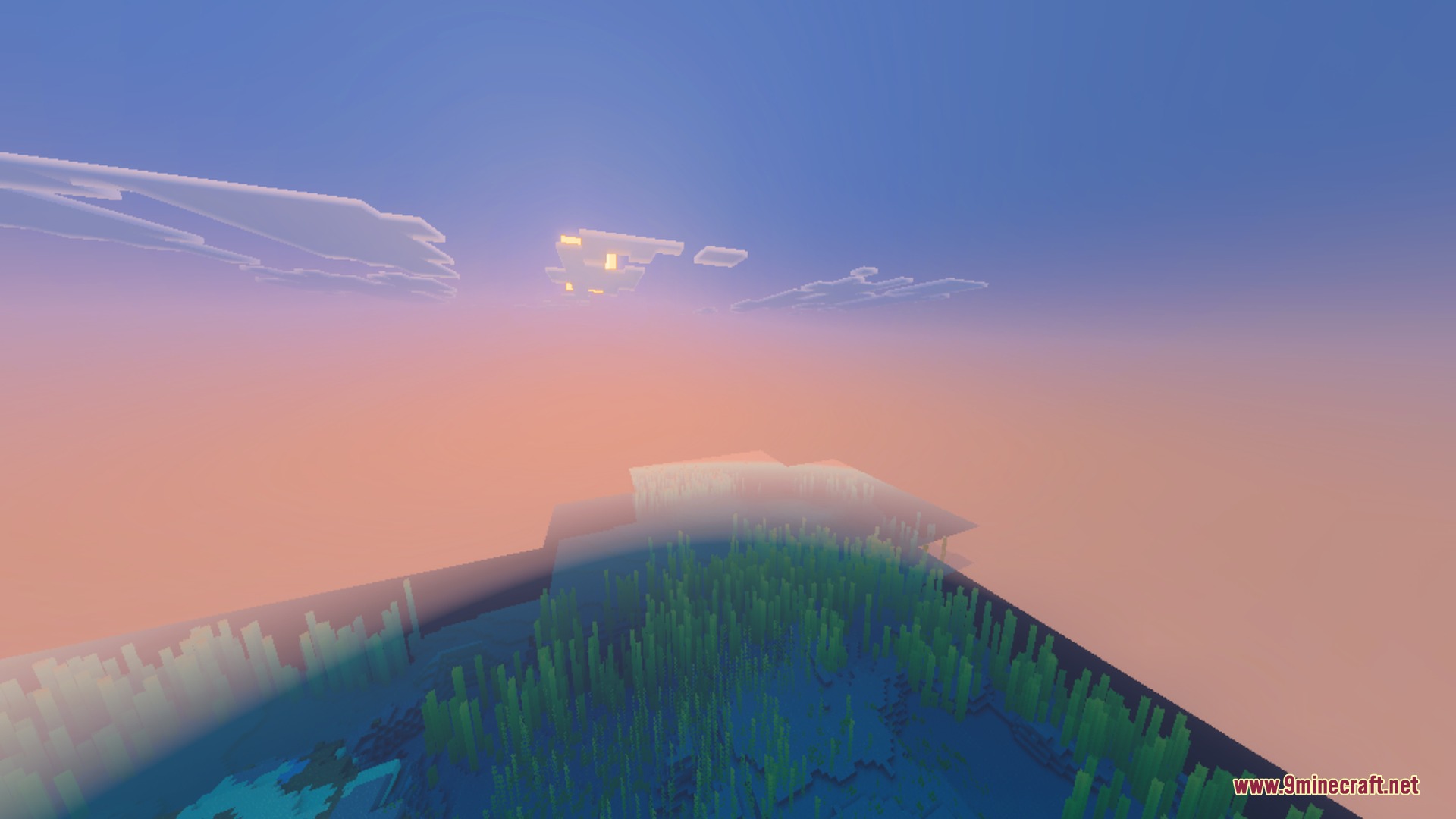Voxen's Glowing Armor Trims Shader Screenshot 3 Blocky clouds float above a calm ocean during a colorful Minecraft sunset scene