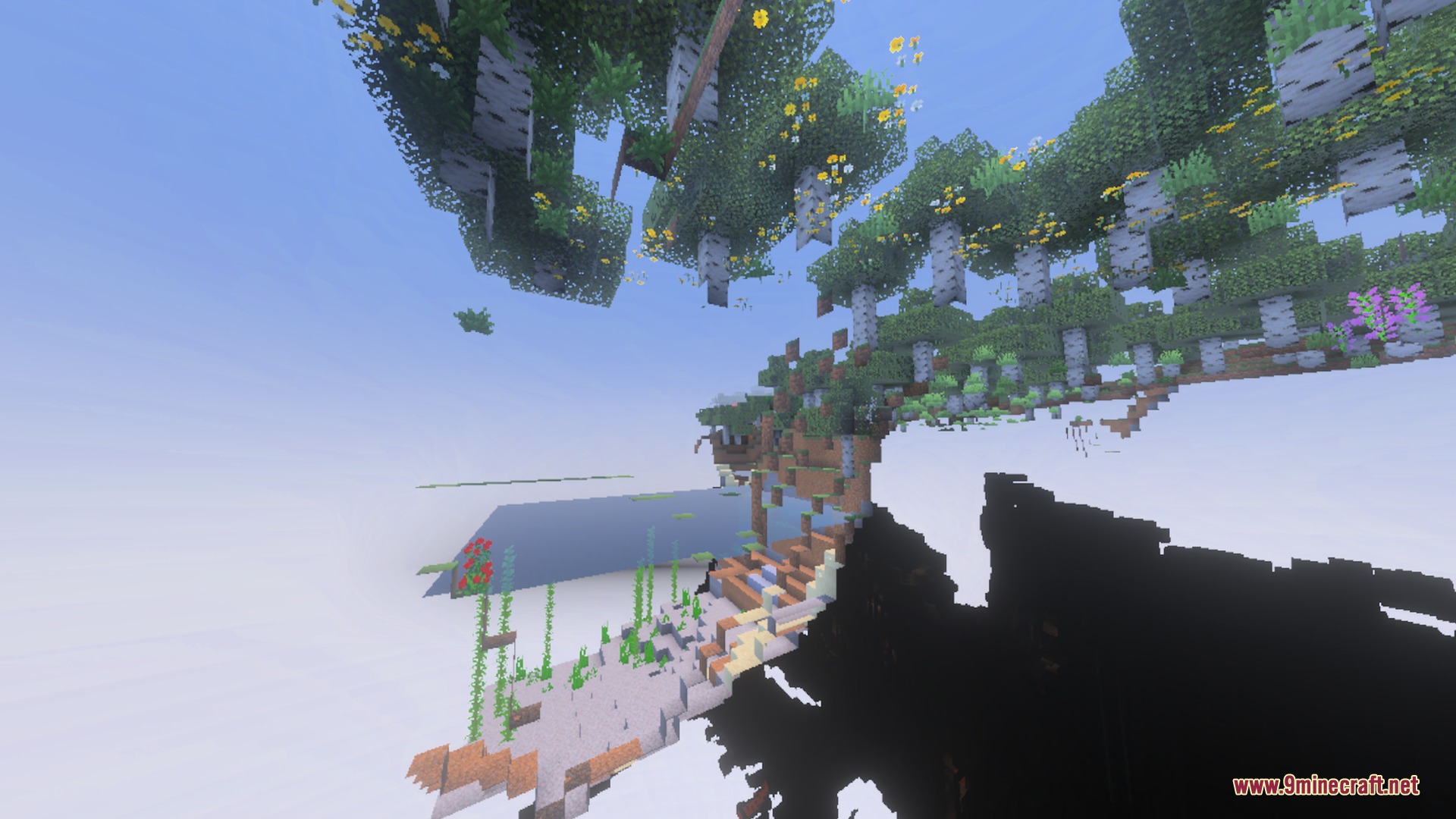 Voxen's Glowing Armor Trims Shader Screenshot 4 Surreal floating islands with birch trees and yellow flowers above a dark void