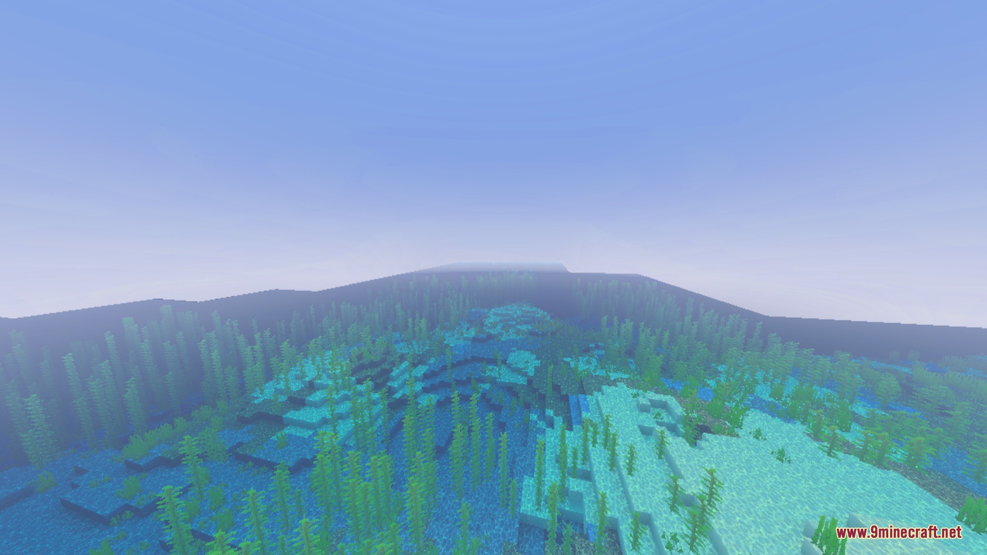 Voxen's Glowing Armor Trims Shader Screenshot 6 A bright underwater landscape with kelp growing in the clear blue water