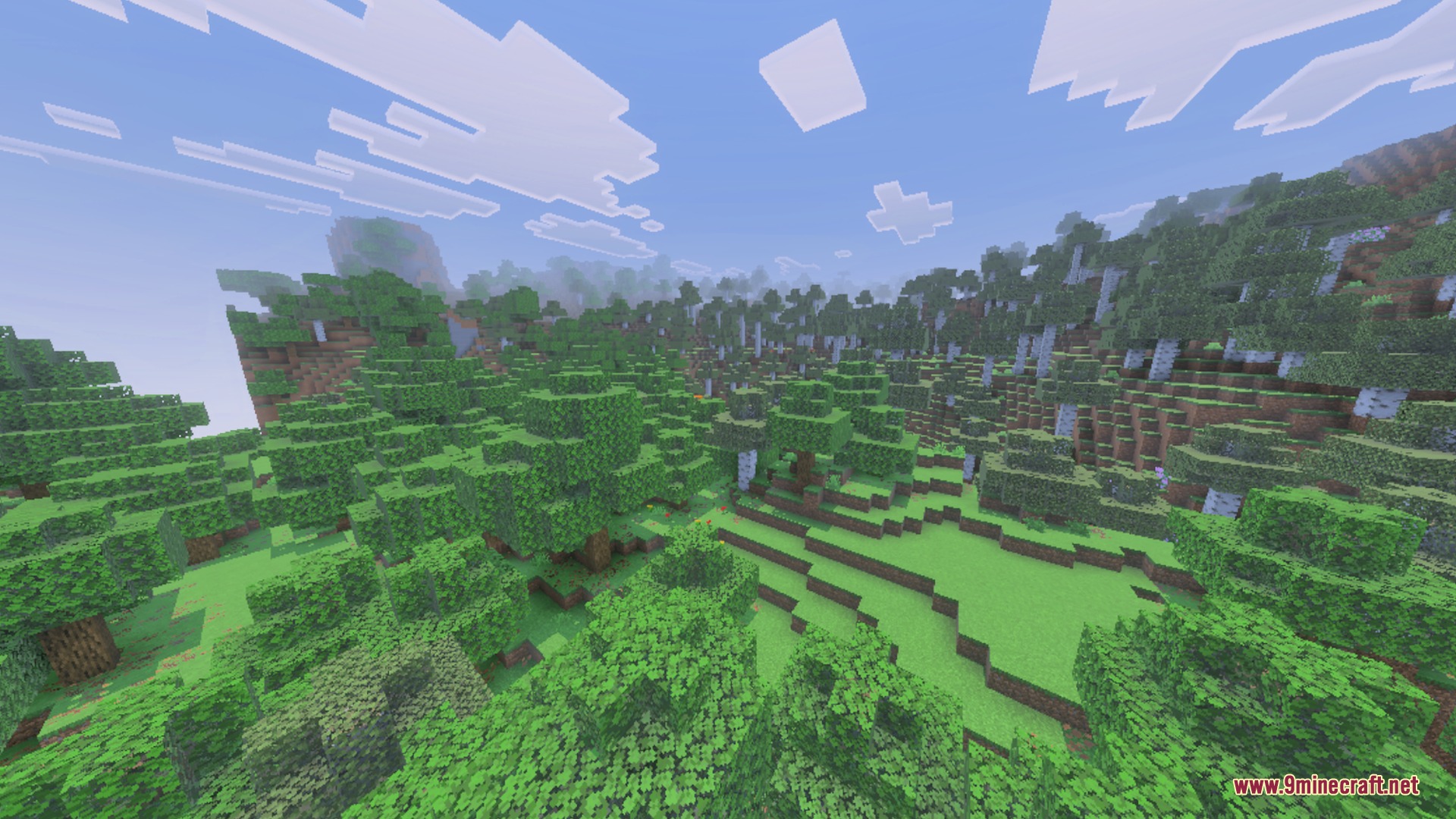 Voxen's Glowing Armor Trims Shader Screenshot 7 A wide landscape view of a lush green forest under a bright sky