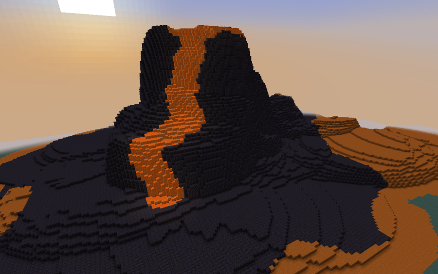 A massive volcanic mountain with a carved lava channel flowing down the slope