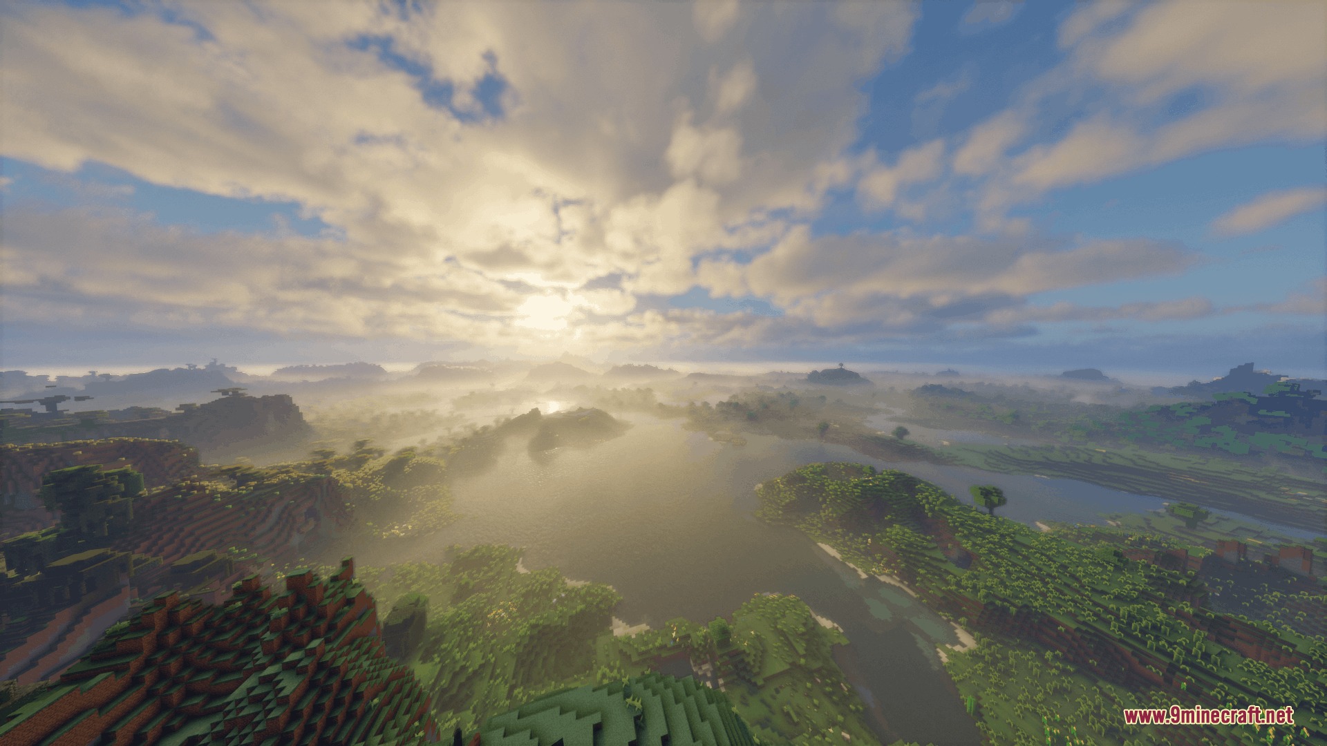 Vulkanic Light Engine Mod Screenshot 1 Beautiful Minecraft landscape with realistic volumetric lighting and dense fog over the water