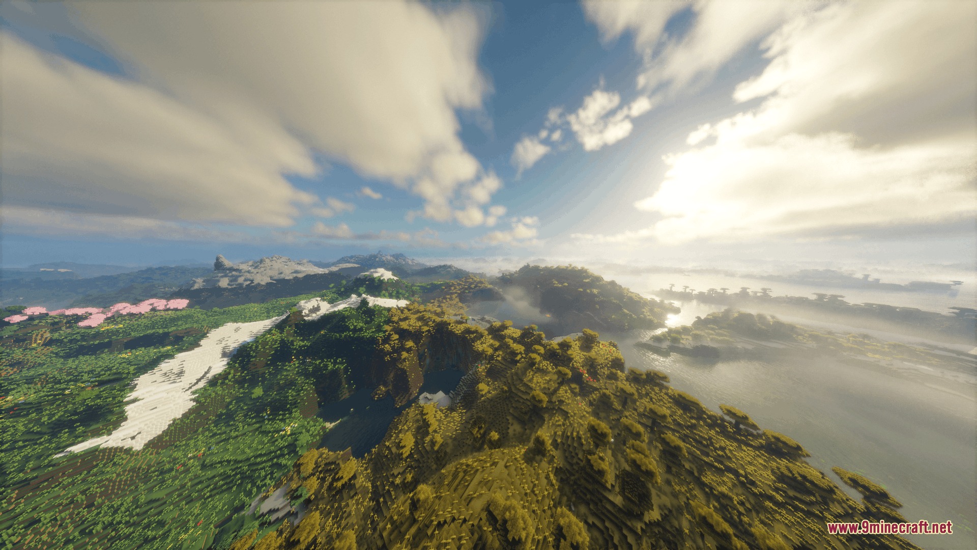 Vulkanic Light Engine Mod Screenshot 2 Scenic mountain view with cherry blossom trees and realistic lighting from the sun