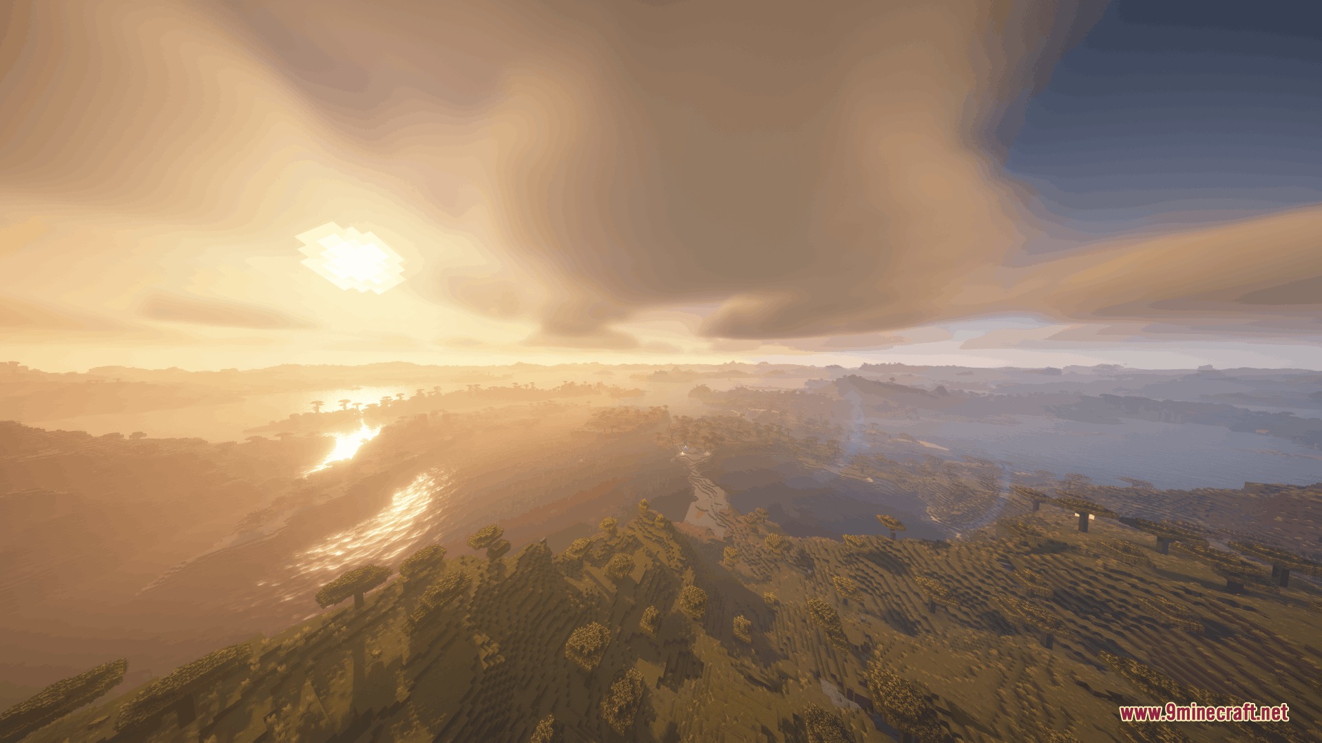 Vulkanic Light Engine Mod Screenshot 3 Vulkanic Light Engine Mod rendering distant savanna terrain under a hazy golden sunset
