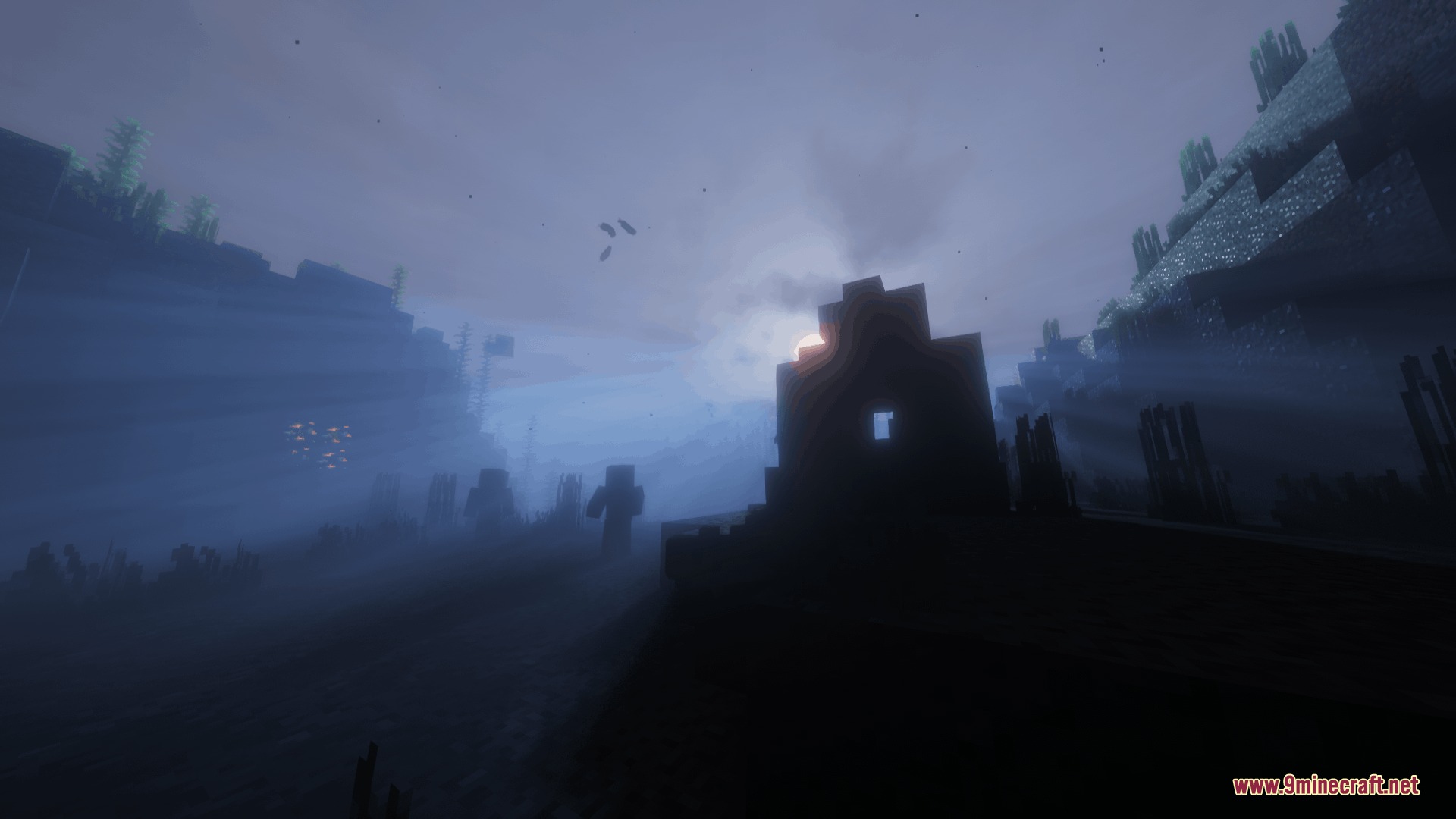 Vulkanic Light Engine Mod Screenshot 6 Dark silhouettes of buildings and a player in a foggy Minecraft environment