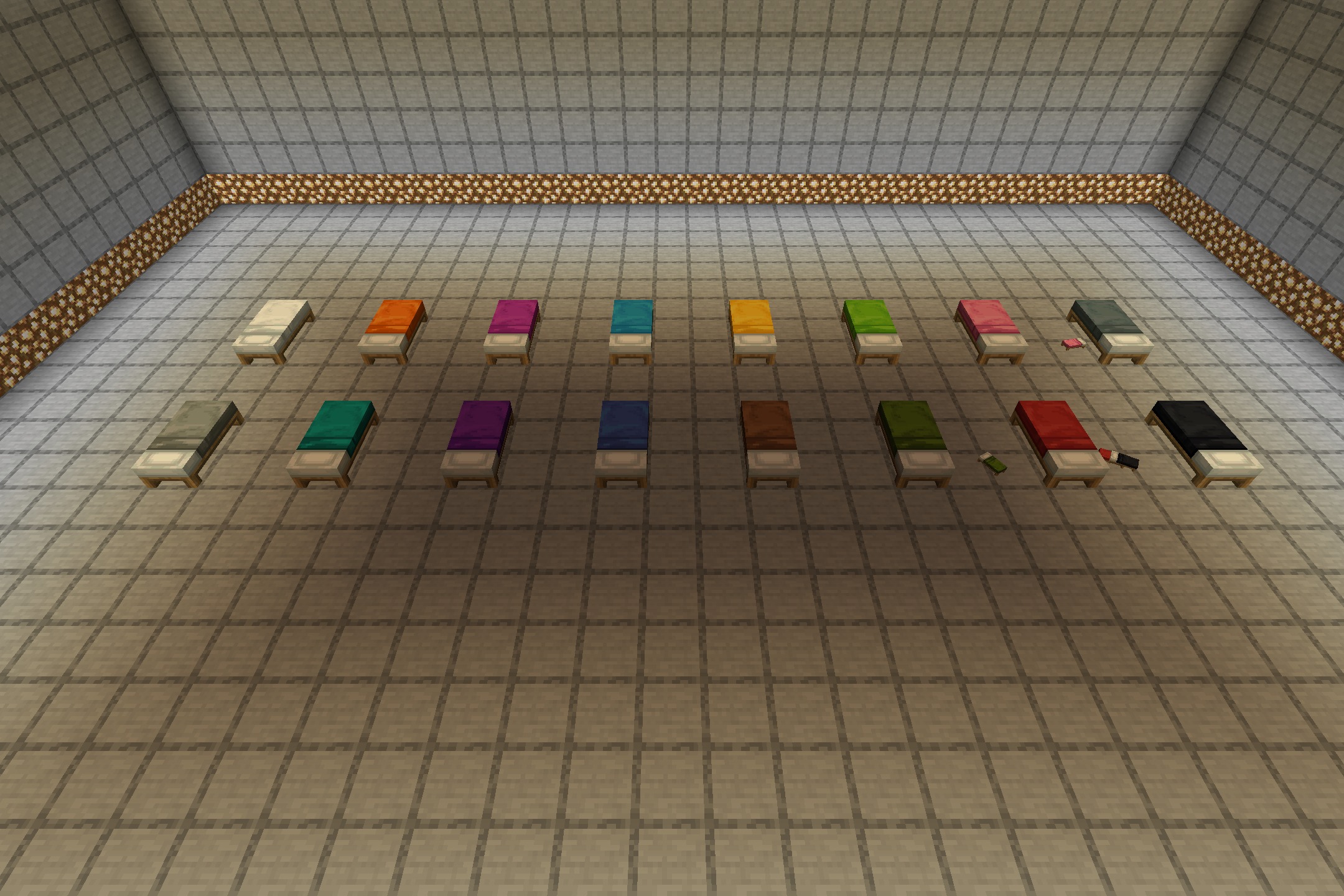 WAIFUs Beds RENEWED Resource Pack Screenshot 1 Sixteen colorful beds with anime character designs arranged in two neat rows