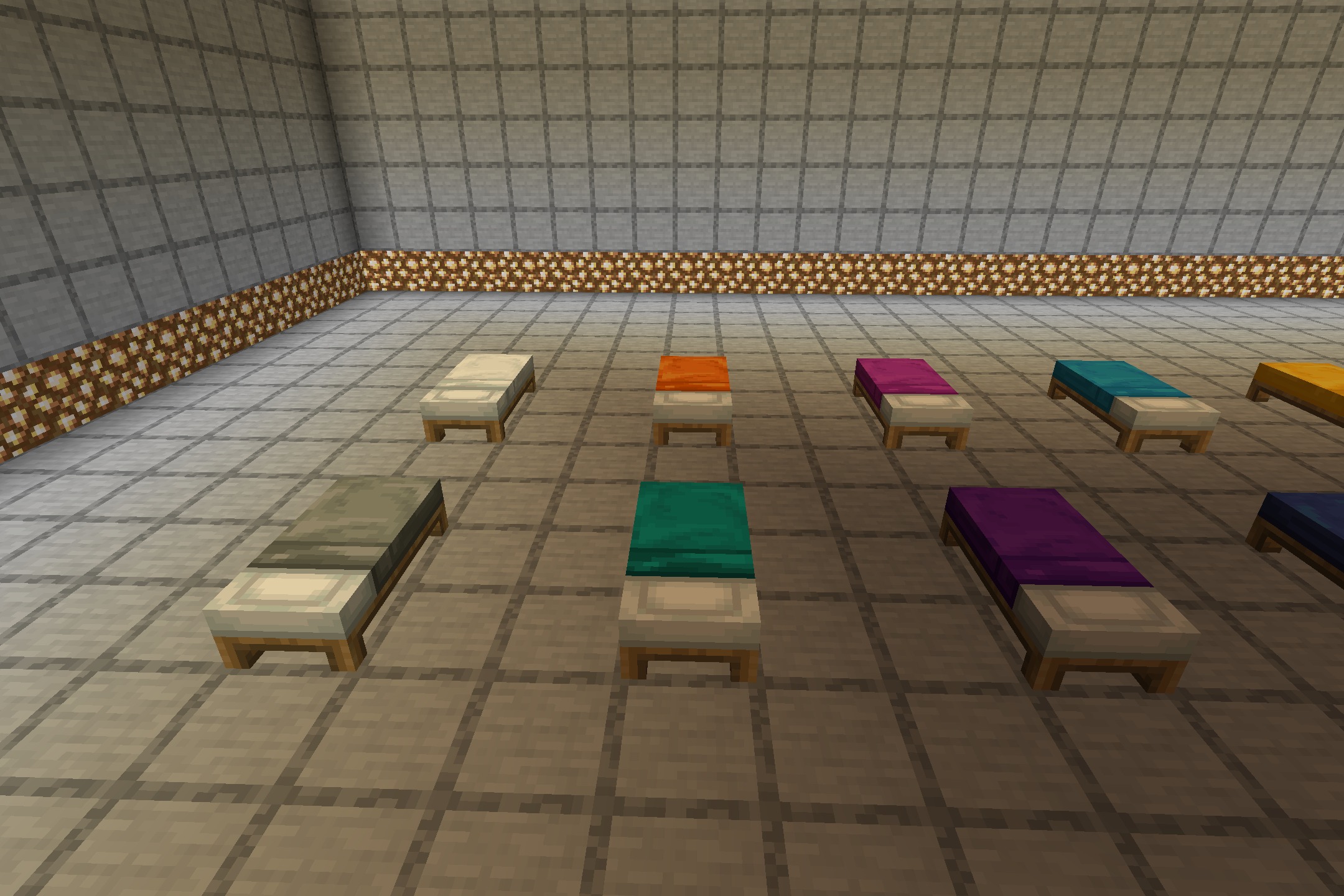WAIFUs Beds RENEWED Resource Pack Screenshot 2 Close up view of several colorful beds featuring custom anime character textures
