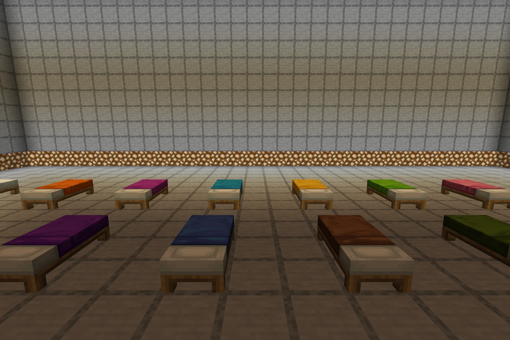 WAIFUs Beds RENEWED Resource Pack Screenshot 4 Rows of colorful beds with anime character art arranged in a spacious area