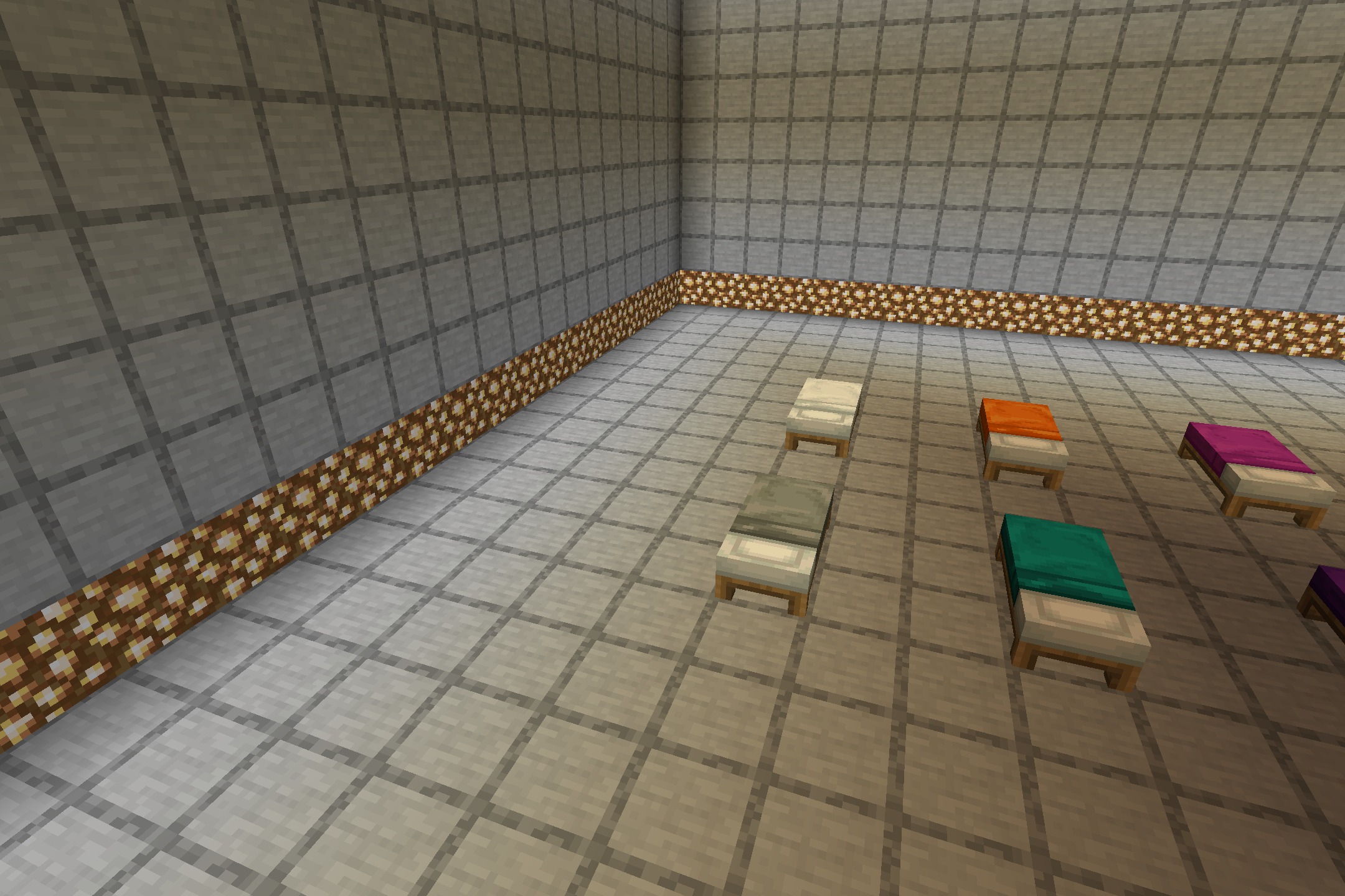 WAIFUs Beds RENEWED Resource Pack Screenshot 5 Several colorful beds with anime designs placed in a large tiled room