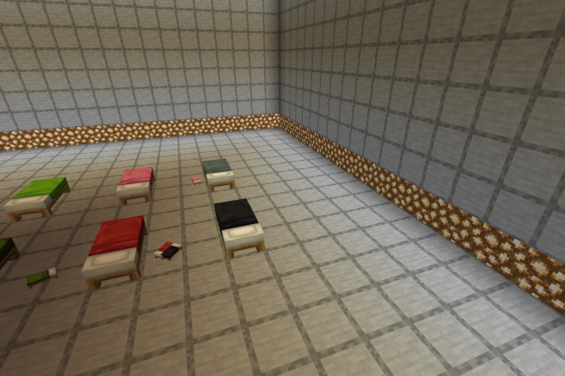 WAIFUs Beds RENEWED Resource Pack Screenshot 6 Different colored beds and dropped bed items scattered on a tiled floor