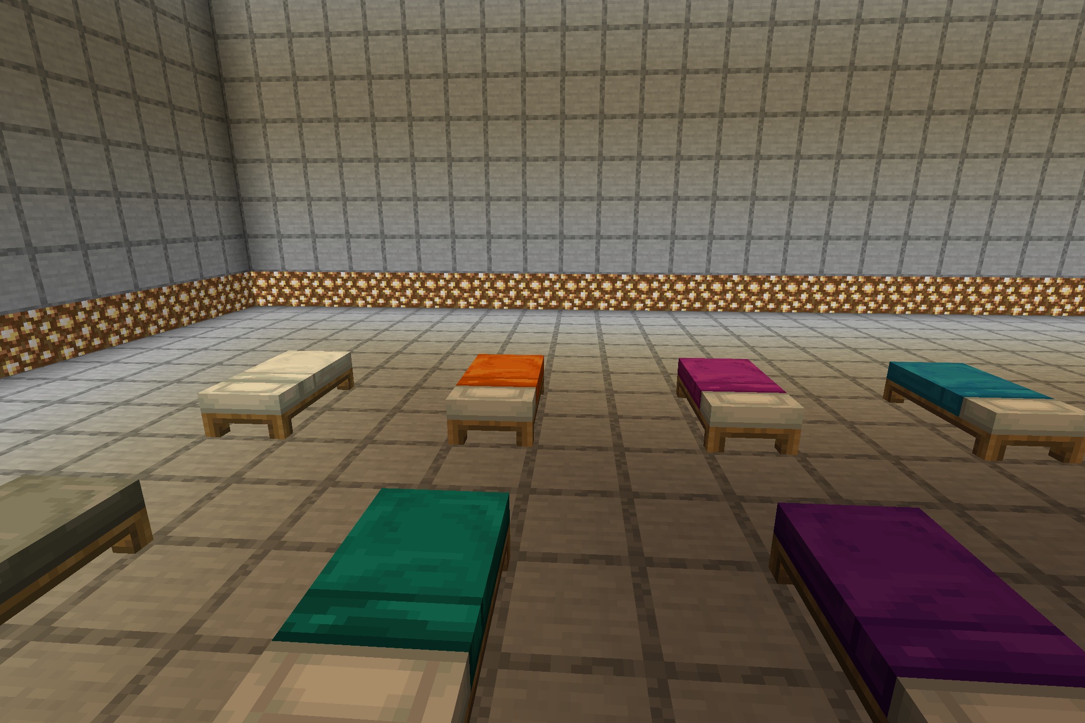 WAIFUs Beds RENEWED Resource Pack Screenshot 7 A collection of colorful beds with custom textures placed in a tiled room