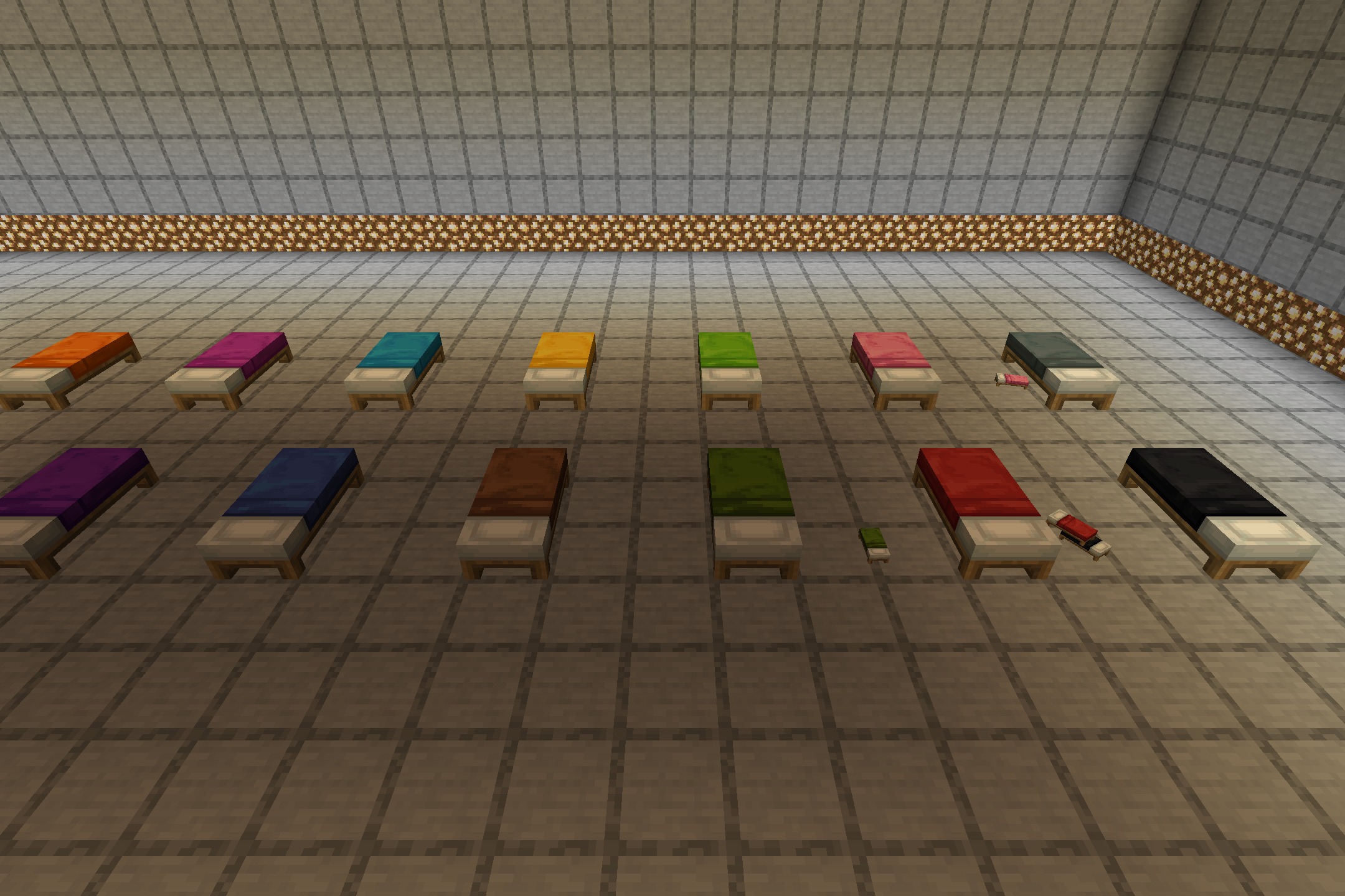 WAIFUs Beds RENEWED Resource Pack Screenshot 8 Two rows of beds with different colored blankets featuring unique anime character art
