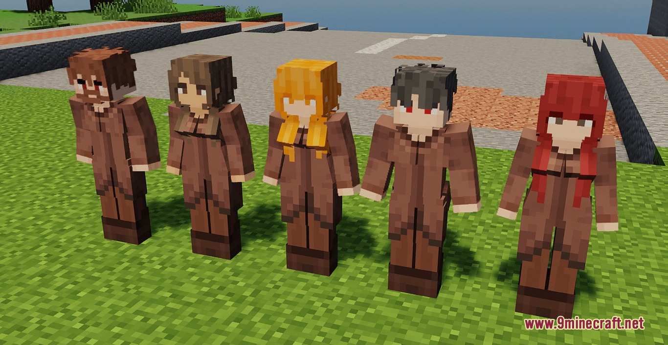 Waifu Husbando Villagers & Illagers Resource Pack Screenshot 1 Five anime style characters standing in a row on green grass