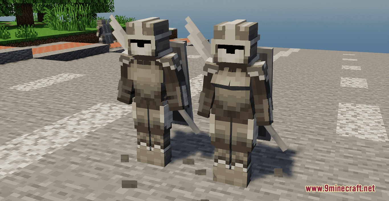 Waifu Husbando Villagers & Illagers Resource Pack Screenshot 2 Two armored knights with wings and shields standing on a road