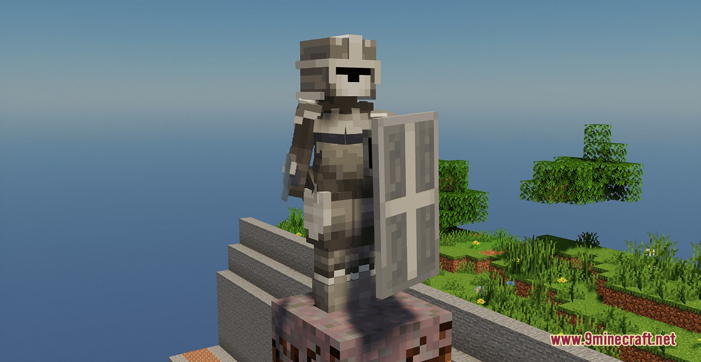 Waifu Husbando Villagers & Illagers Resource Pack Screenshot 3 A knight model in grey armor holding a shield on a stone block