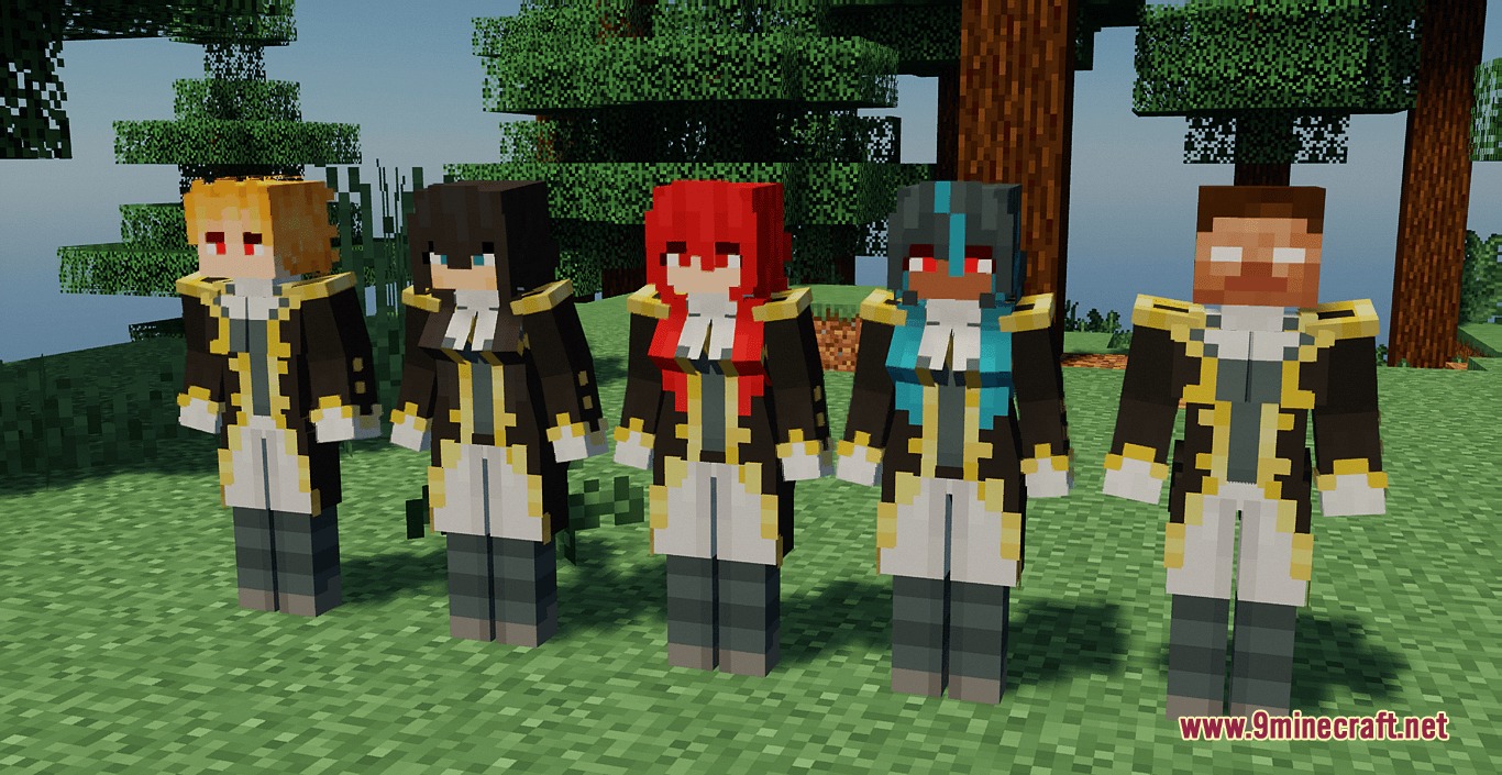 Waifu Husbando Villagers & Illagers Resource Pack Screenshot 4 Five human characters in black and gold uniforms standing on a grassy field
